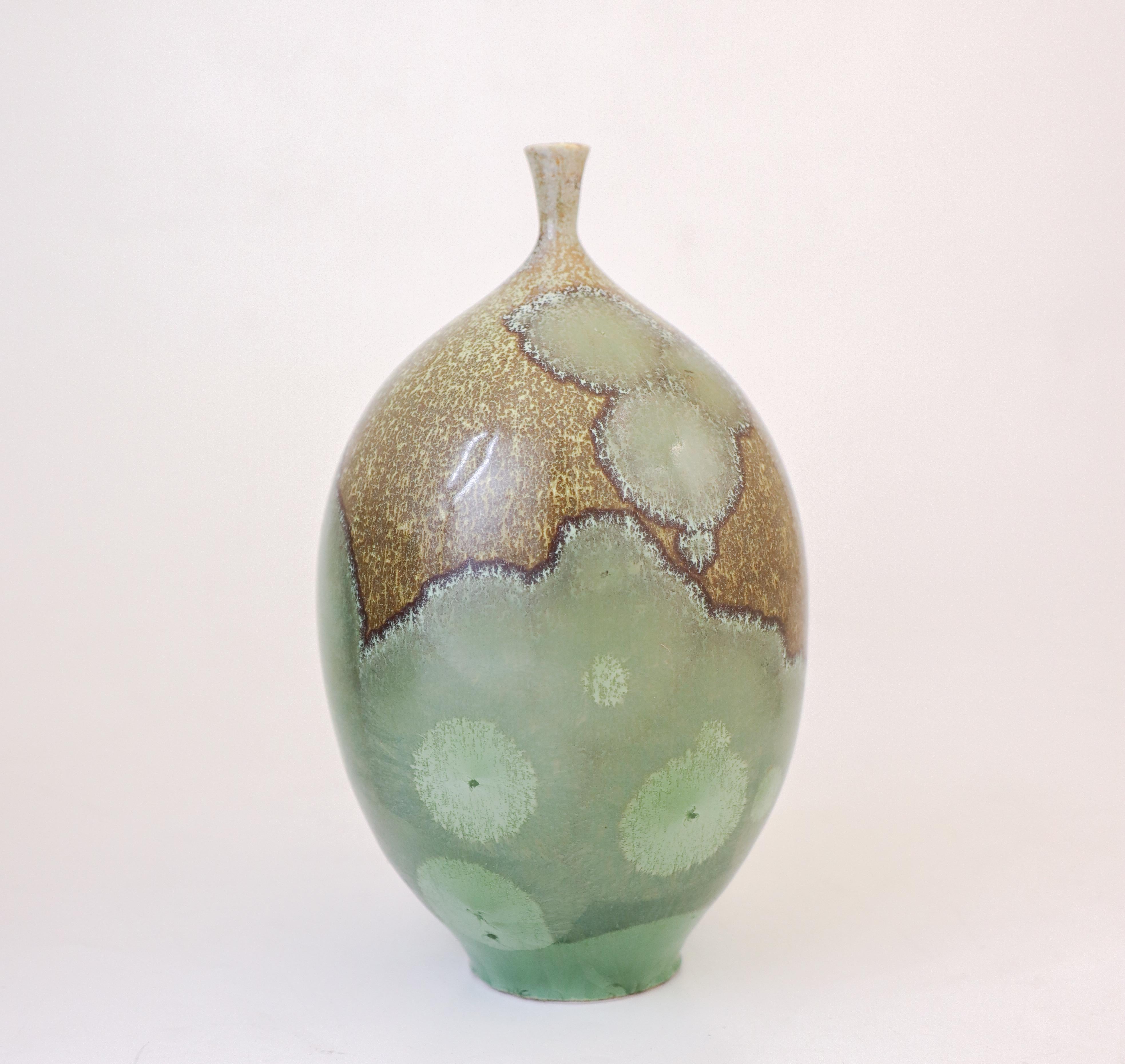 Glazed Isak Isaksson - Green & Brown Ceramic Vase Crystalline Glaze Contemporary Artist