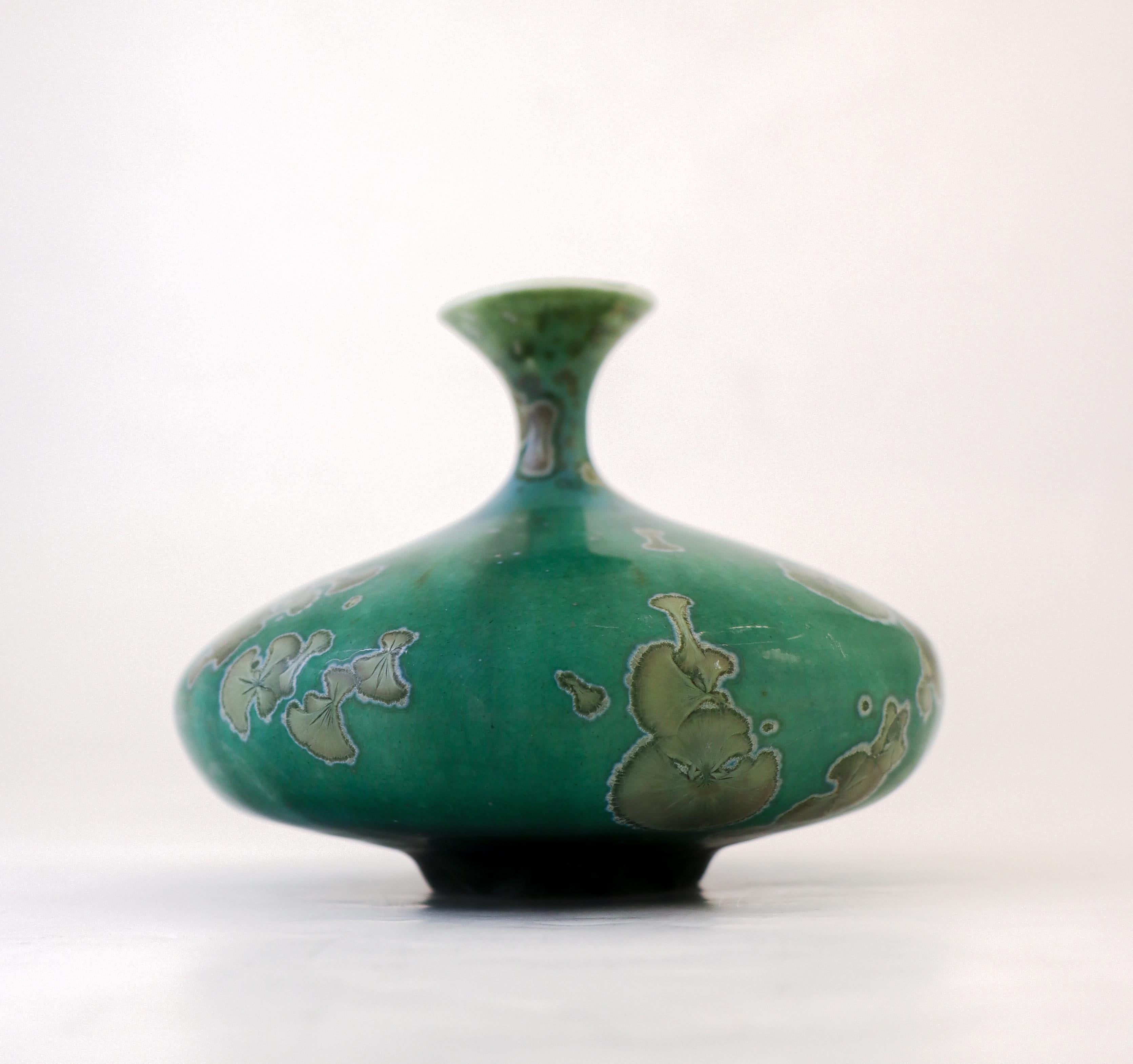 Scandinavian Modern Isak Isaksson Green Ceramic Vase Crystalline Glaze Contemporary Artist