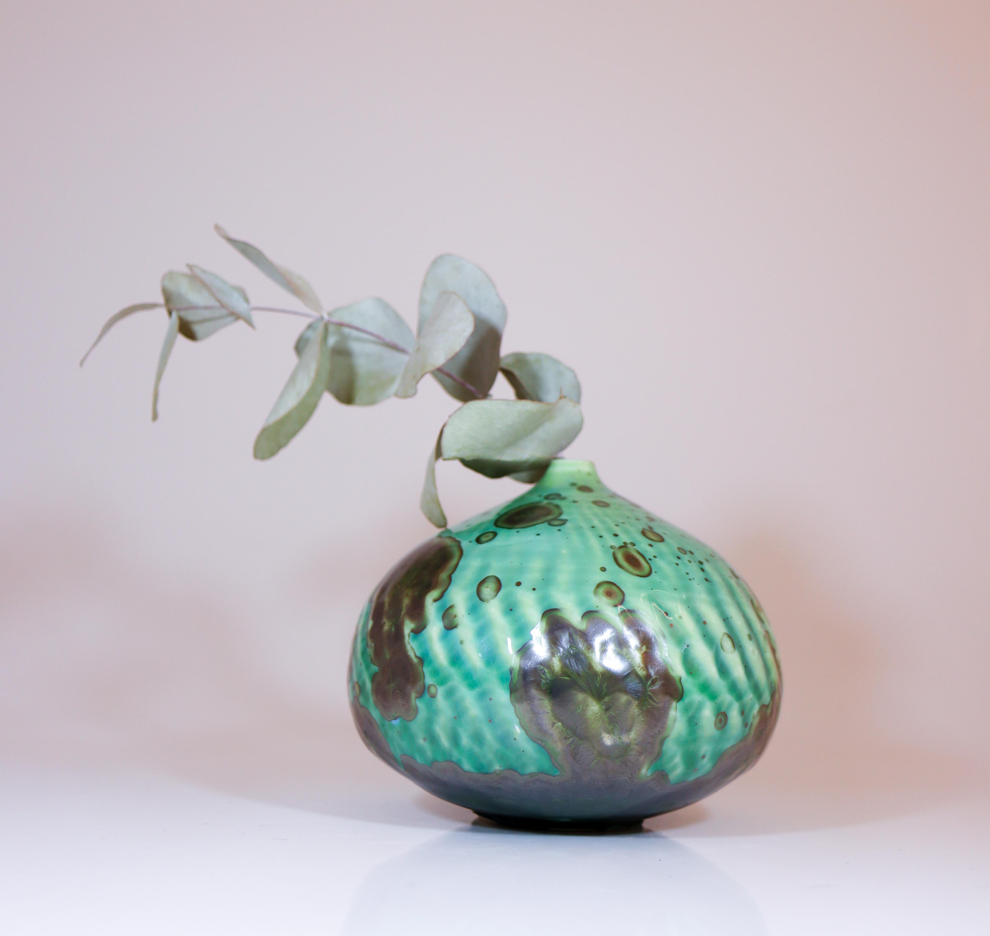 Scandinavian Modern Isak Isaksson Green Ceramic Vase - Crystalline Glaze Contemporary Artist For Sale