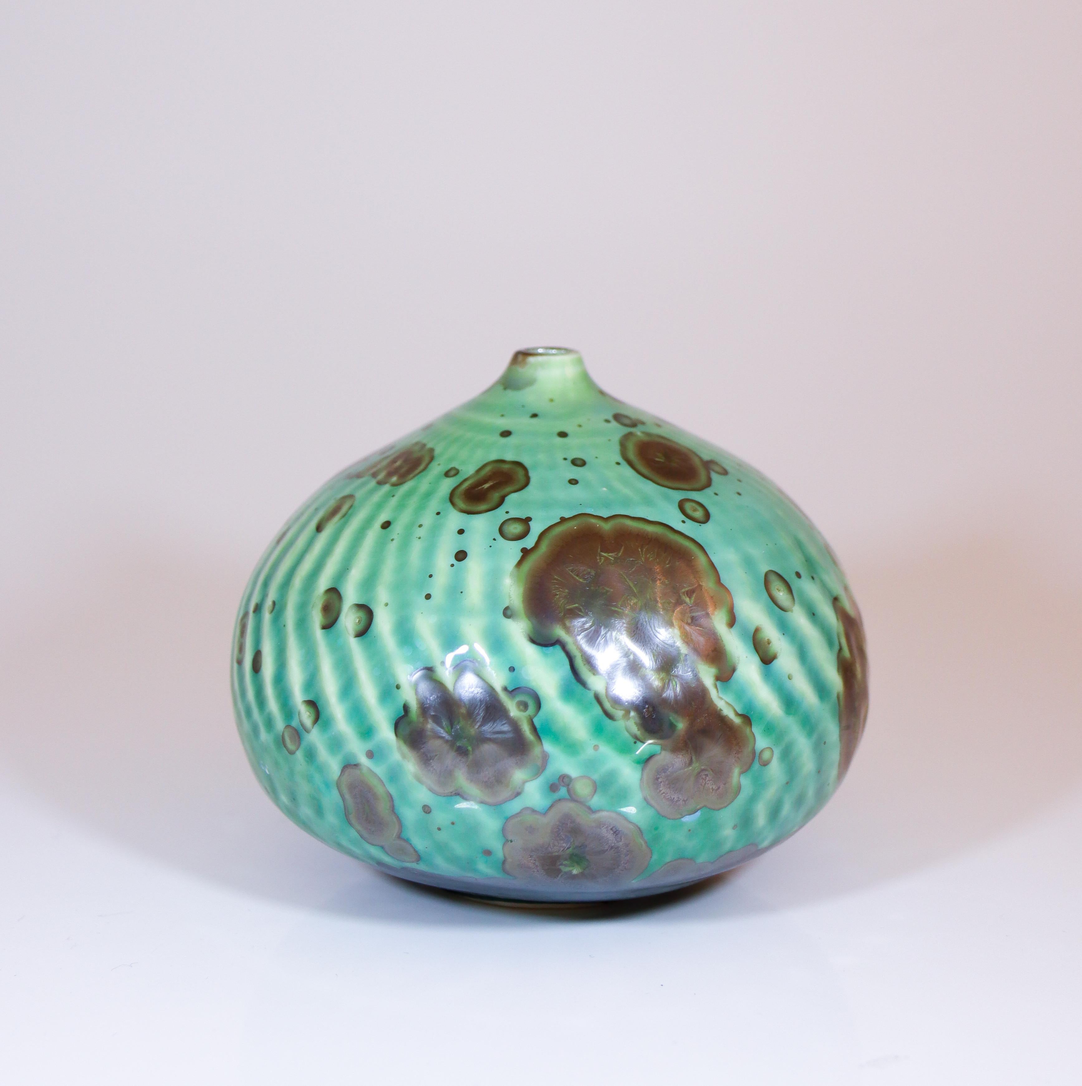 Swedish Isak Isaksson Green Ceramic Vase - Crystalline Glaze Contemporary Artist For Sale