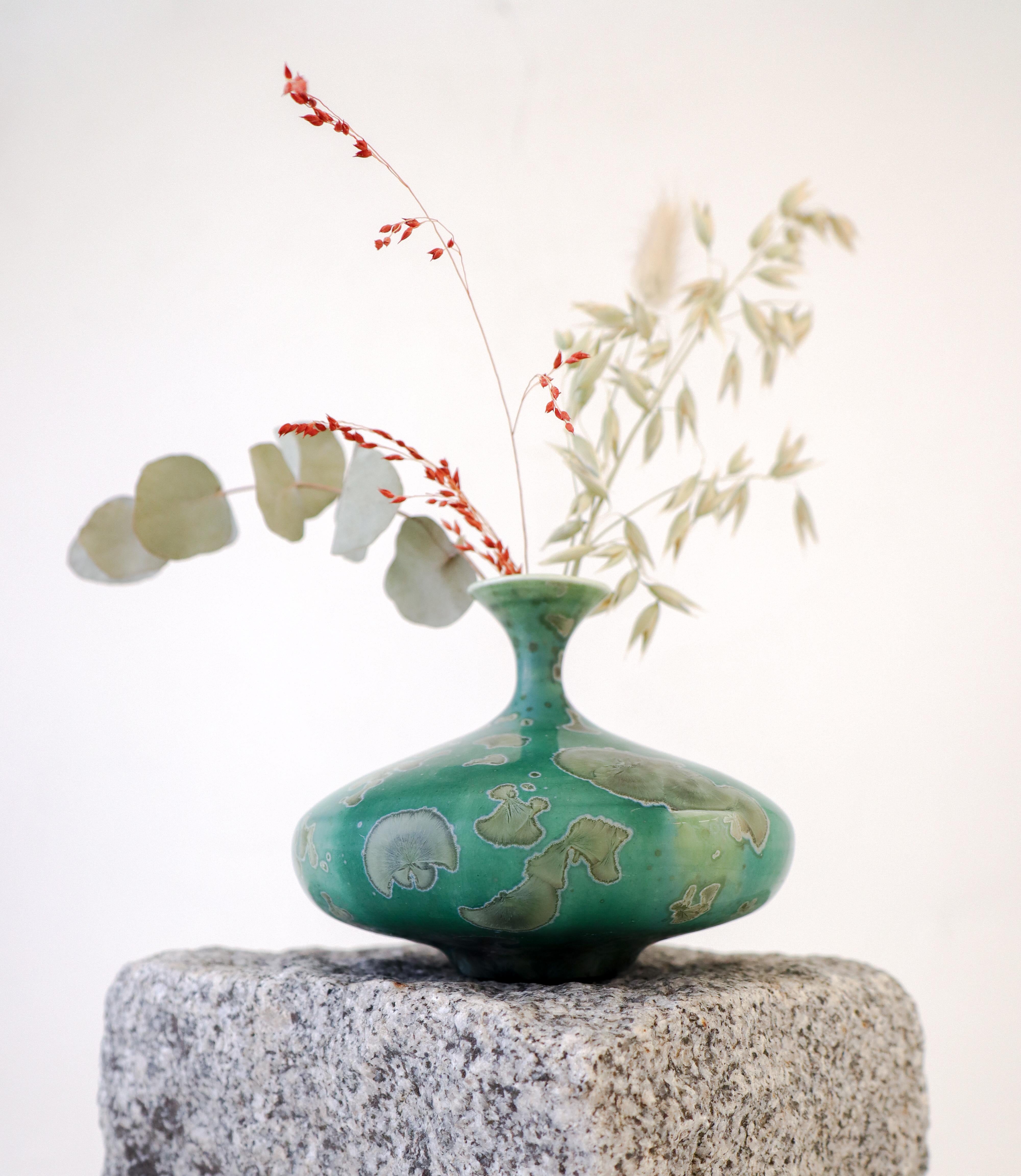 Glazed Isak Isaksson Green Ceramic Vase Crystalline Glaze Contemporary Artist