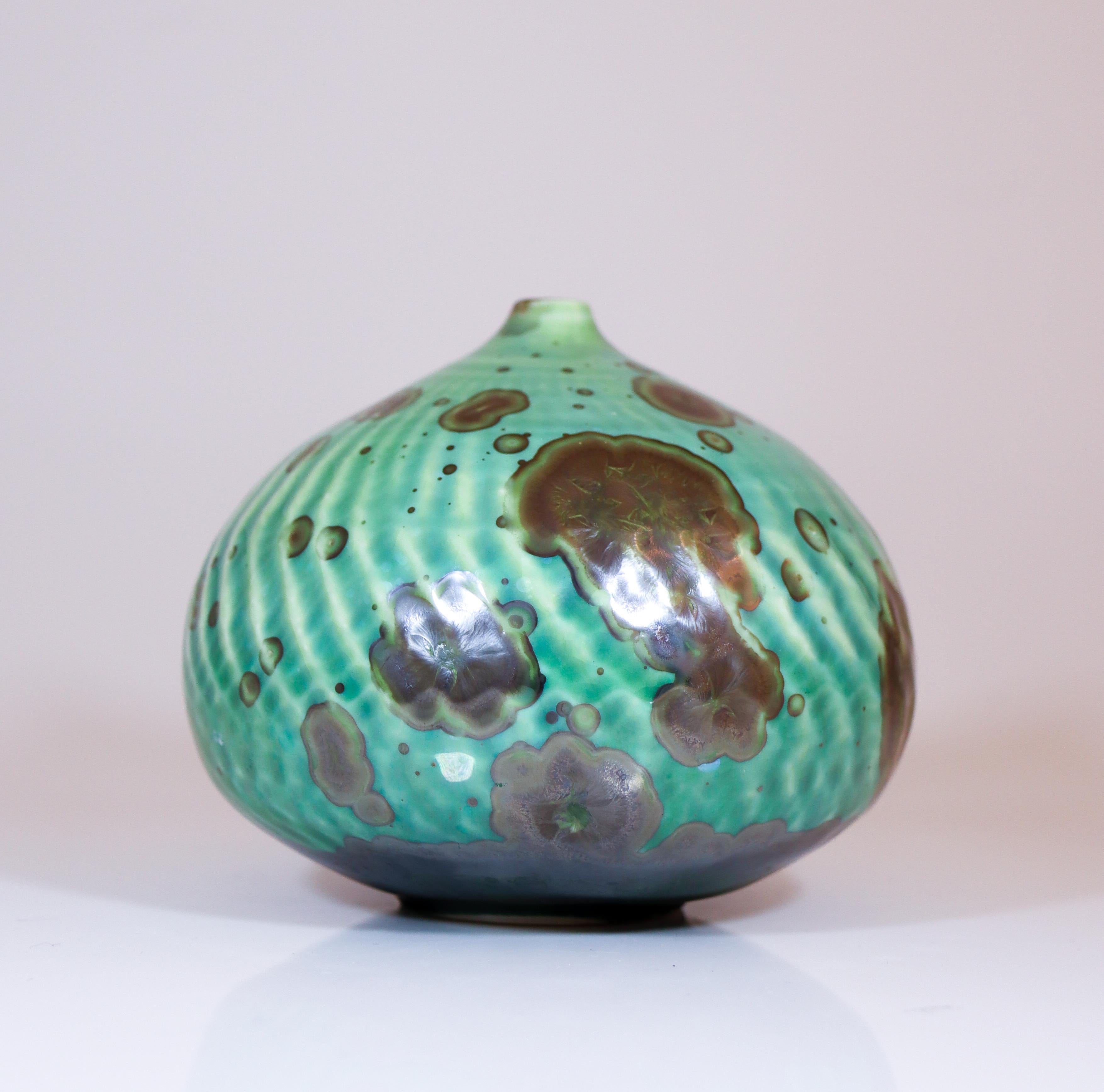 Glazed Isak Isaksson Green Ceramic Vase - Crystalline Glaze Contemporary Artist For Sale