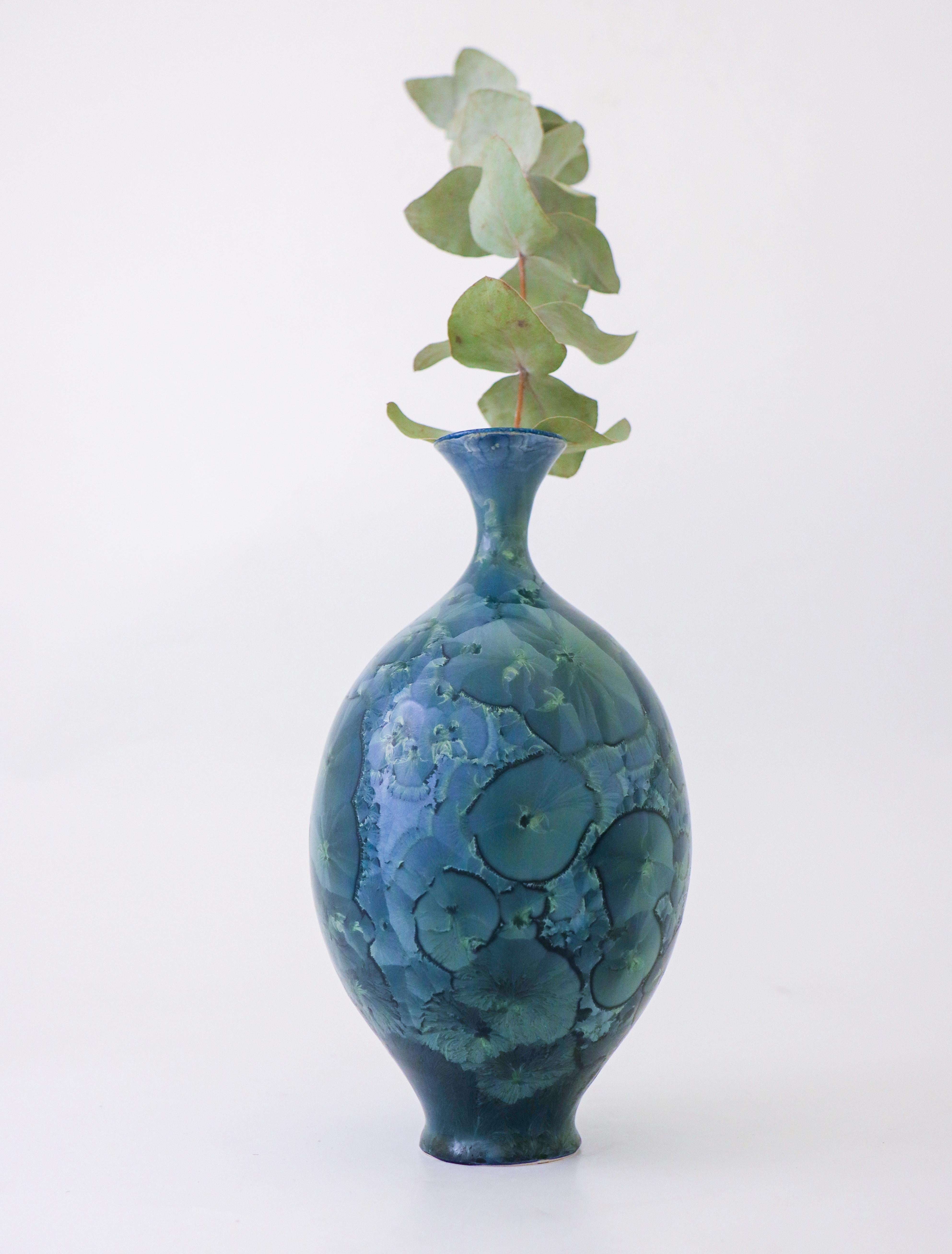 Scandinavian Modern Isak Isaksson Green Metallic Ceramic Vase Crystalline Glaze Contemporary Artist For Sale