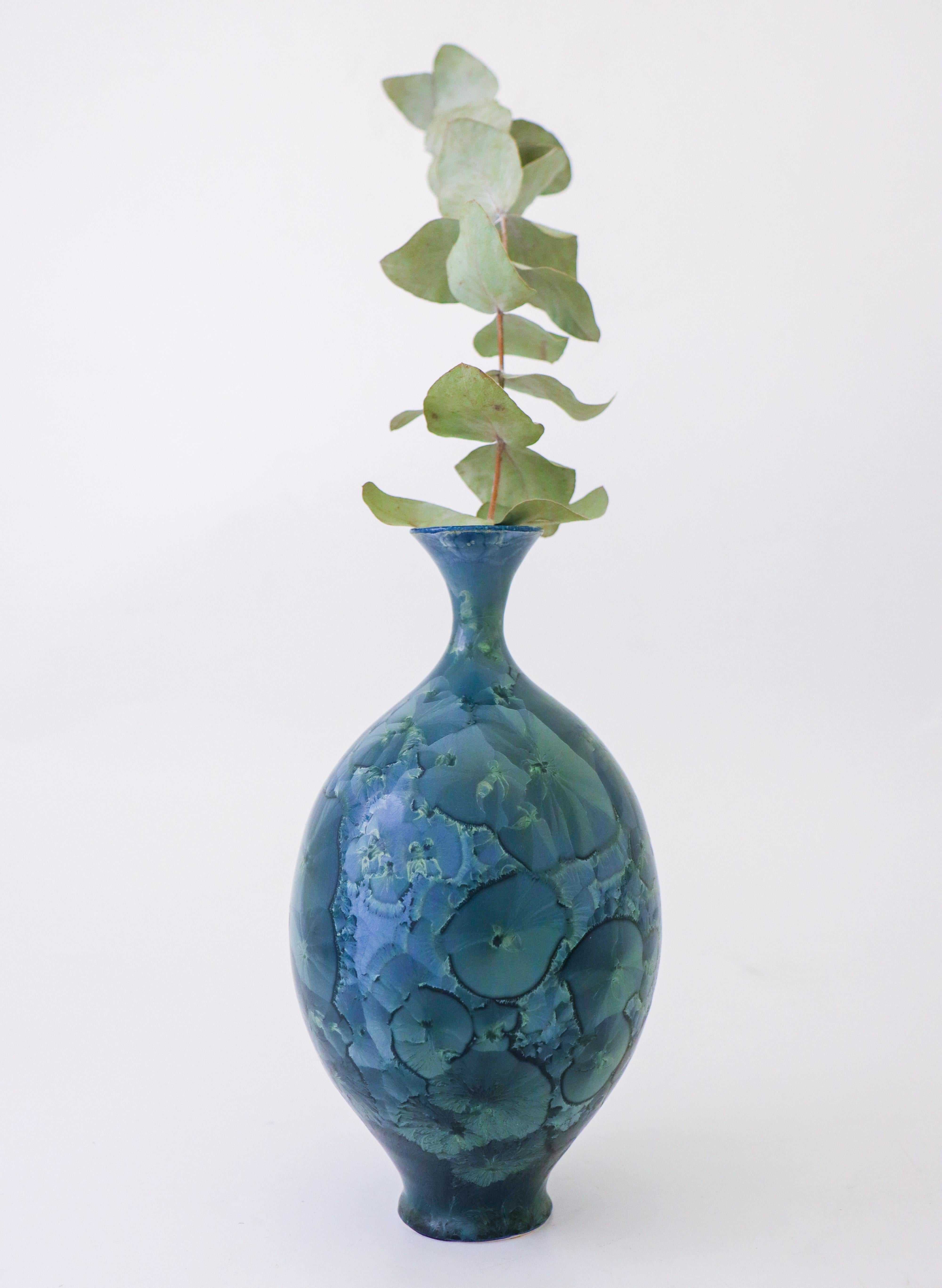 Swedish Isak Isaksson Green Metallic Ceramic Vase Crystalline Glaze Contemporary Artist For Sale