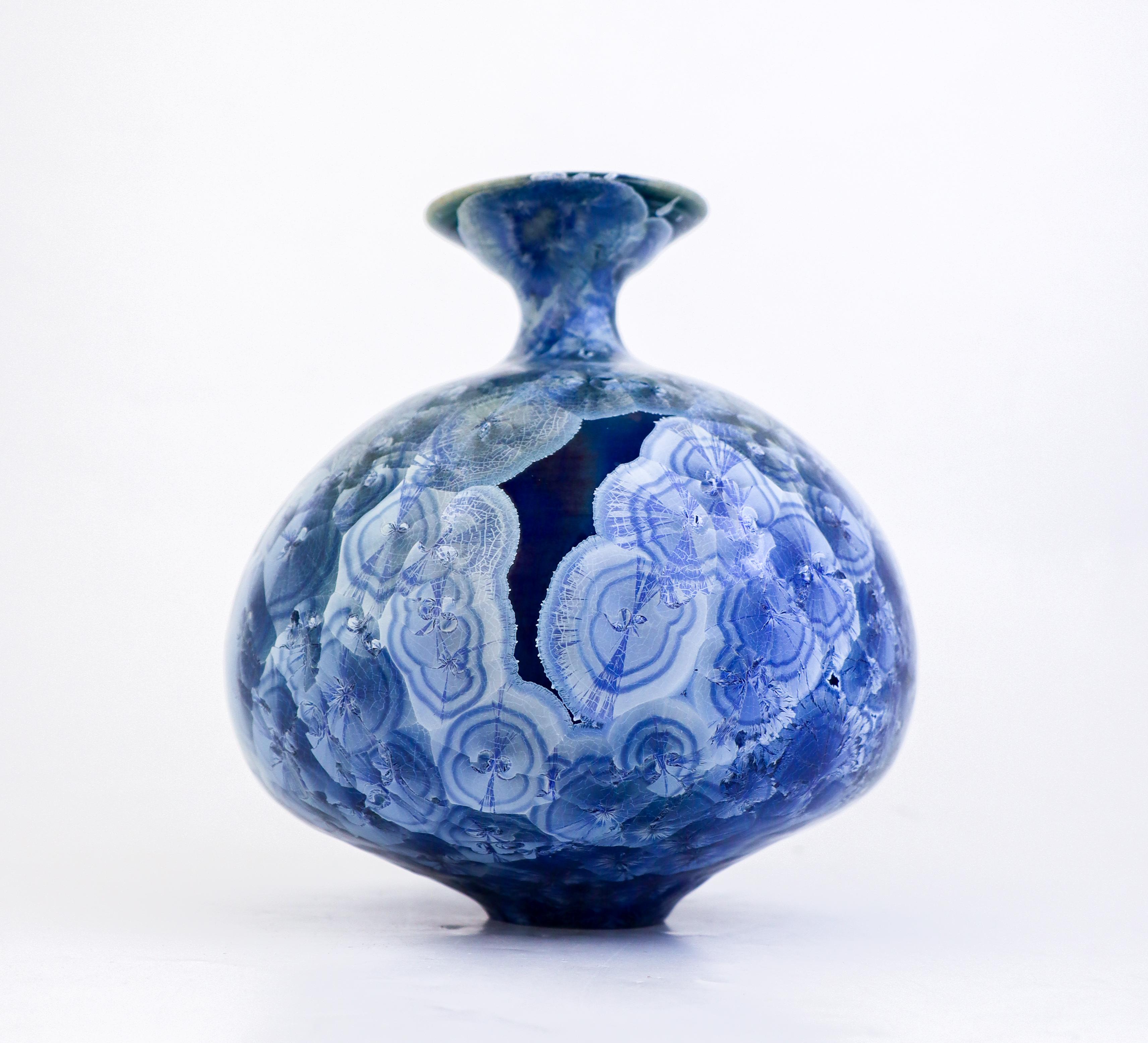 Scandinavian Modern Isak Isaksson Large Blue Ceramic Vase, Crystalline Glaze Contemporary Artist For Sale