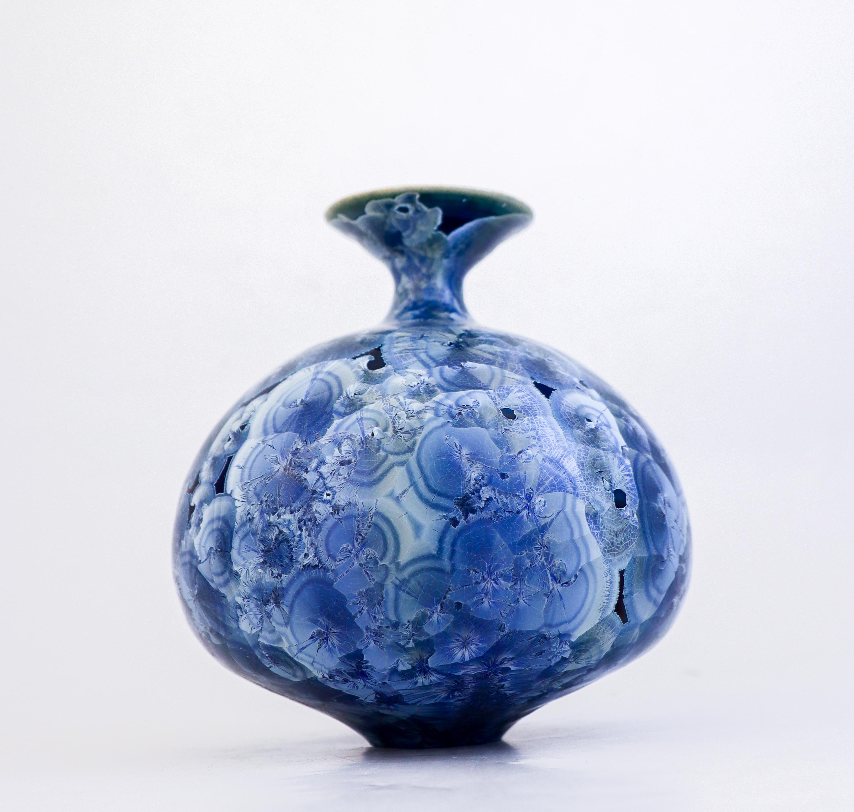 Swedish Isak Isaksson Large Blue Ceramic Vase, Crystalline Glaze Contemporary Artist For Sale