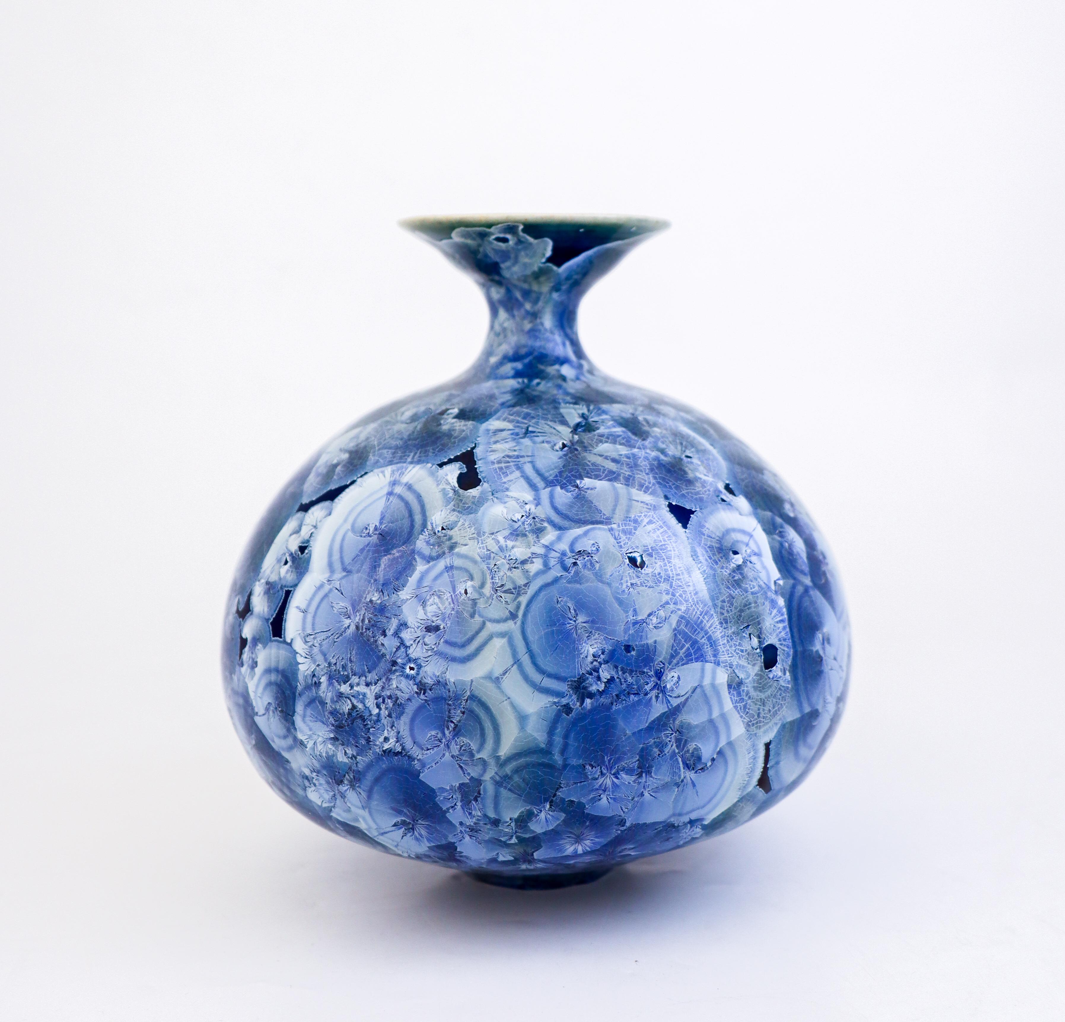 Glazed Isak Isaksson Large Blue Ceramic Vase, Crystalline Glaze Contemporary Artist For Sale