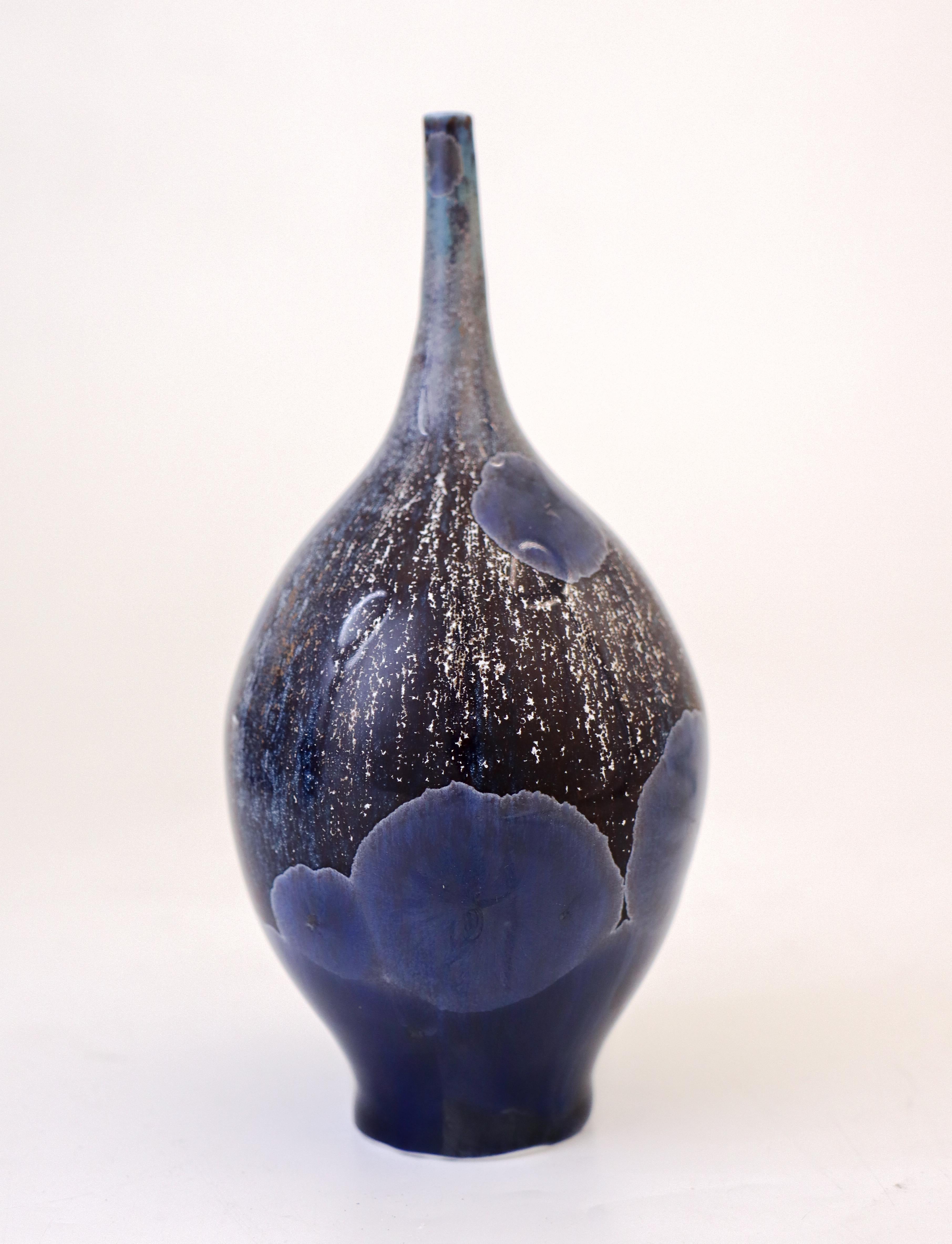 Swedish Isak Isaksson - Metallic Blue Ceramic Vase Crystalline Glaze Contemporary Artist
