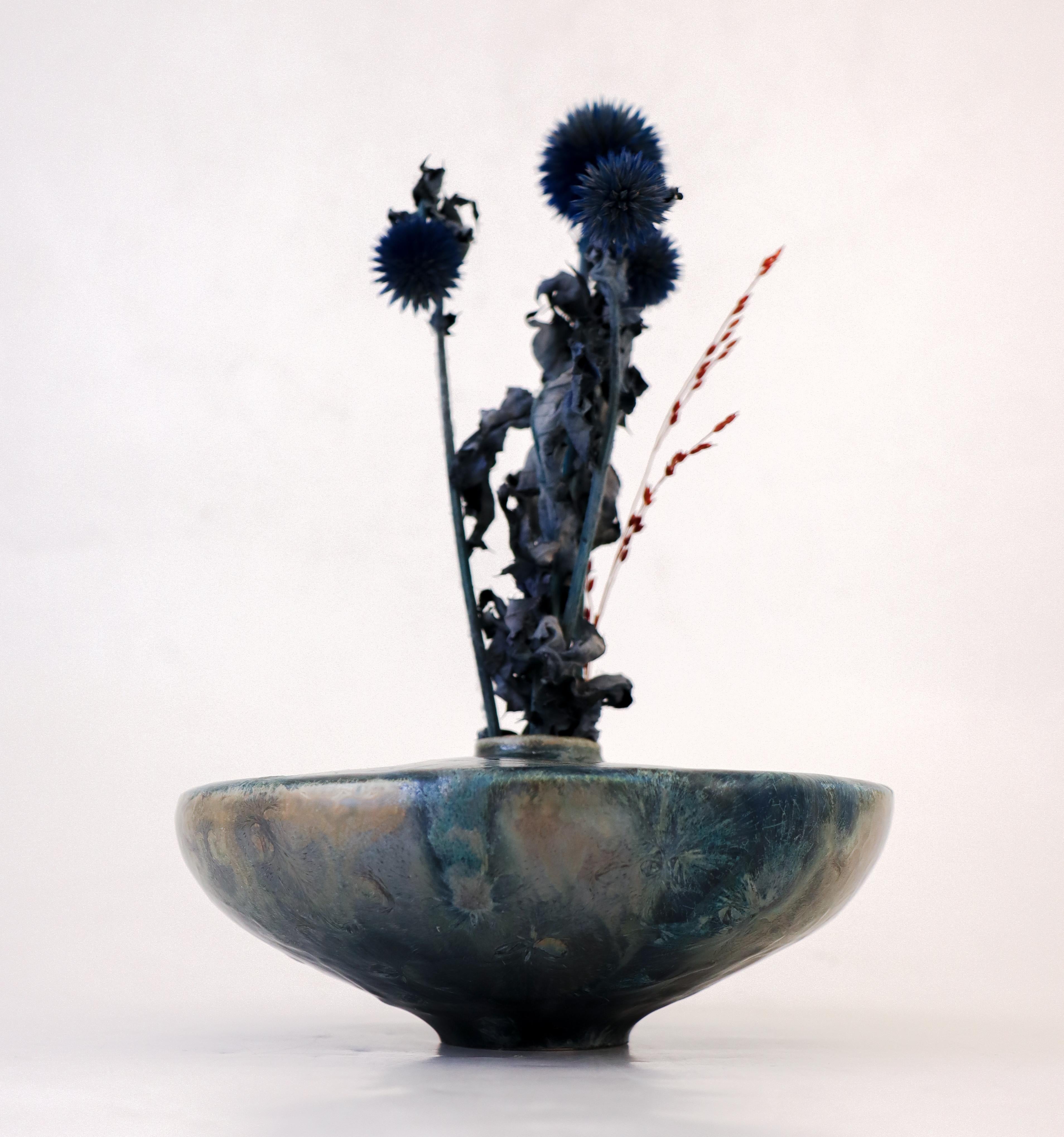 Swedish Isak Isaksson - Metallic Blue Ceramic Vase Crystalline Glaze Contemporary Artist