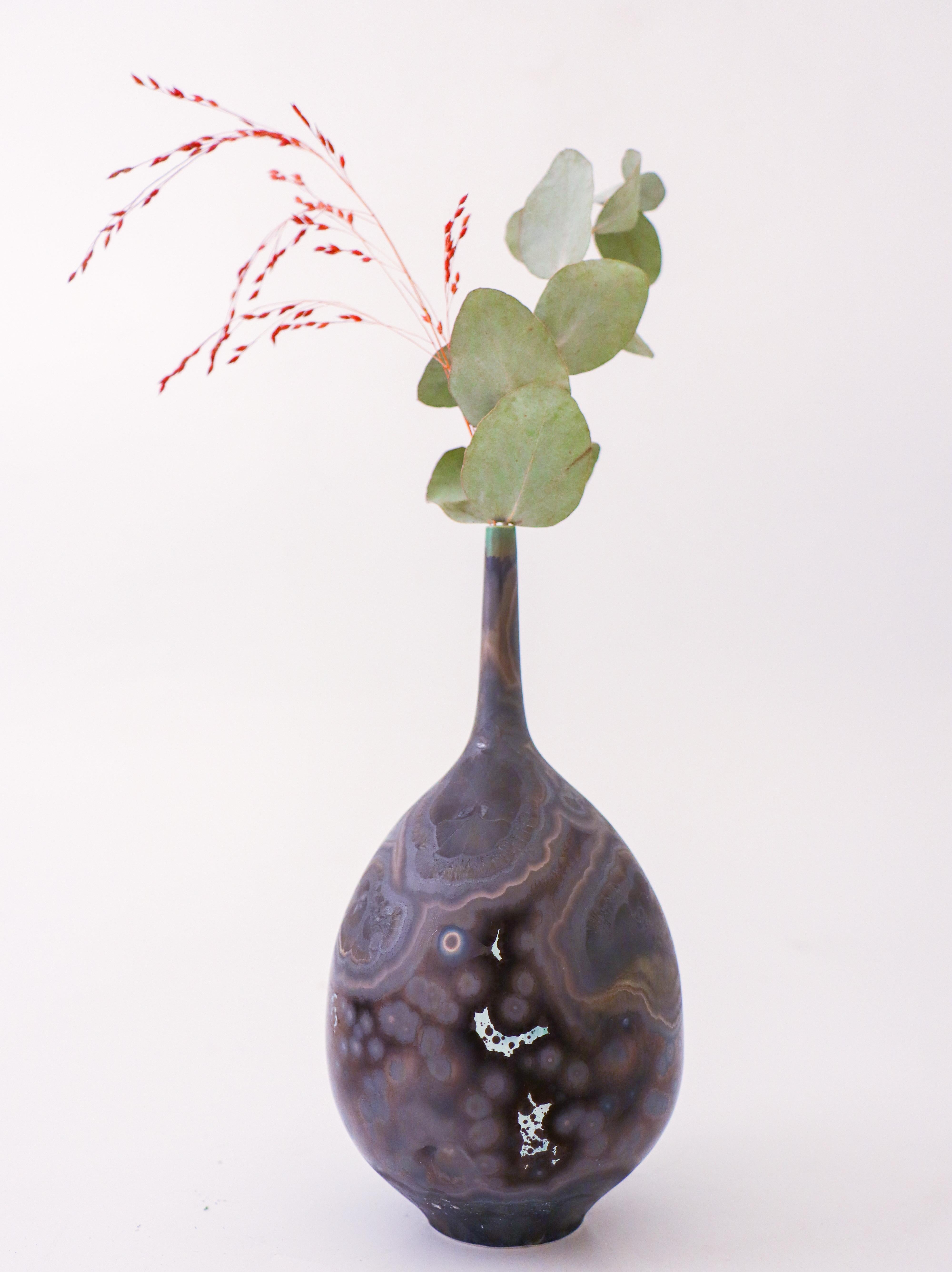 Scandinavian Modern Isak Isaksson Purple & Brown Ceramic Vase Crystalline Glaze Contemporary Artist