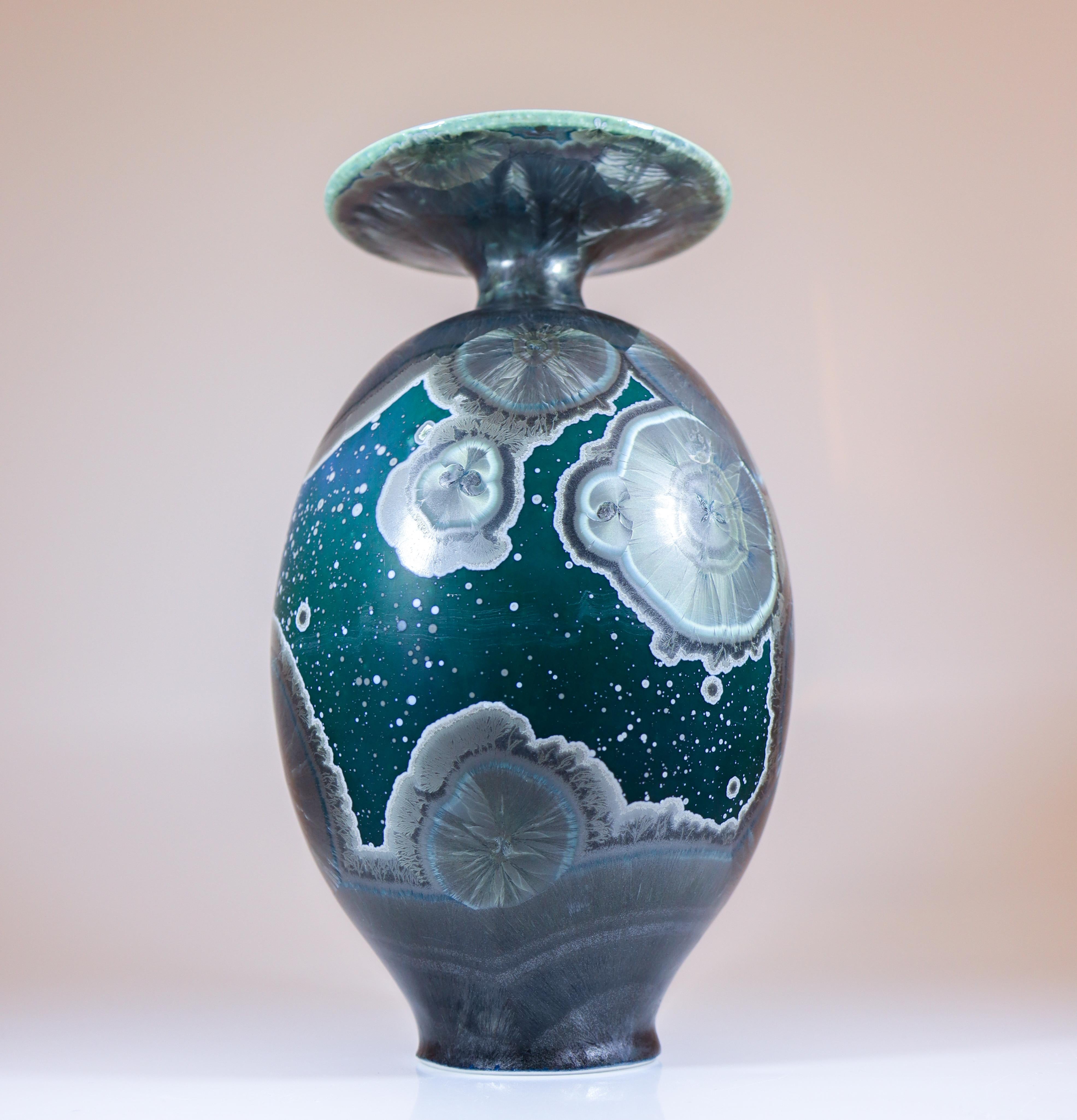Scandinavian Modern Isak Isaksson Stunning Green Ceramic Vase Crystalline Glaze Contemporary Artist For Sale
