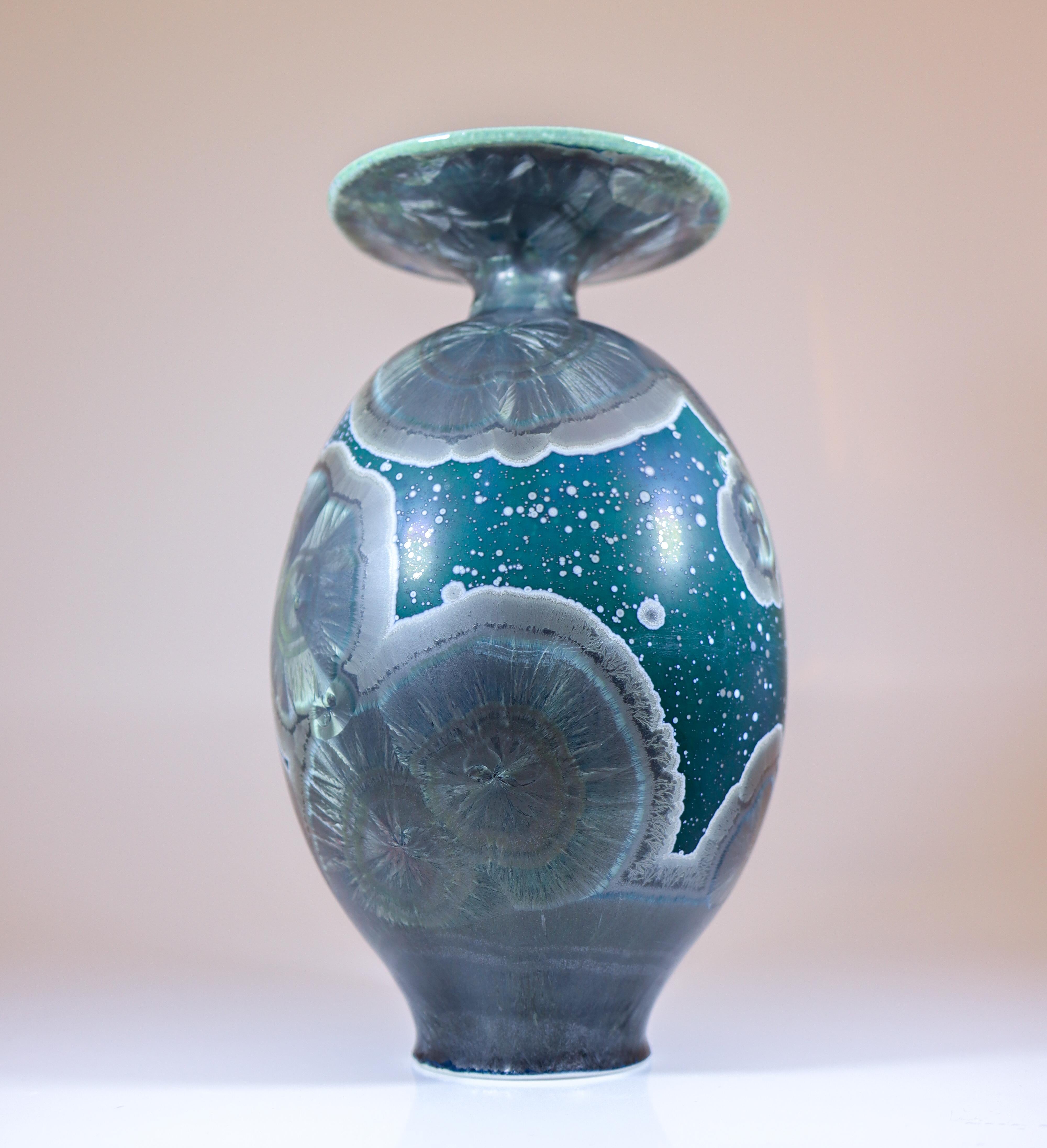 Swedish Isak Isaksson Stunning Green Ceramic Vase Crystalline Glaze Contemporary Artist For Sale