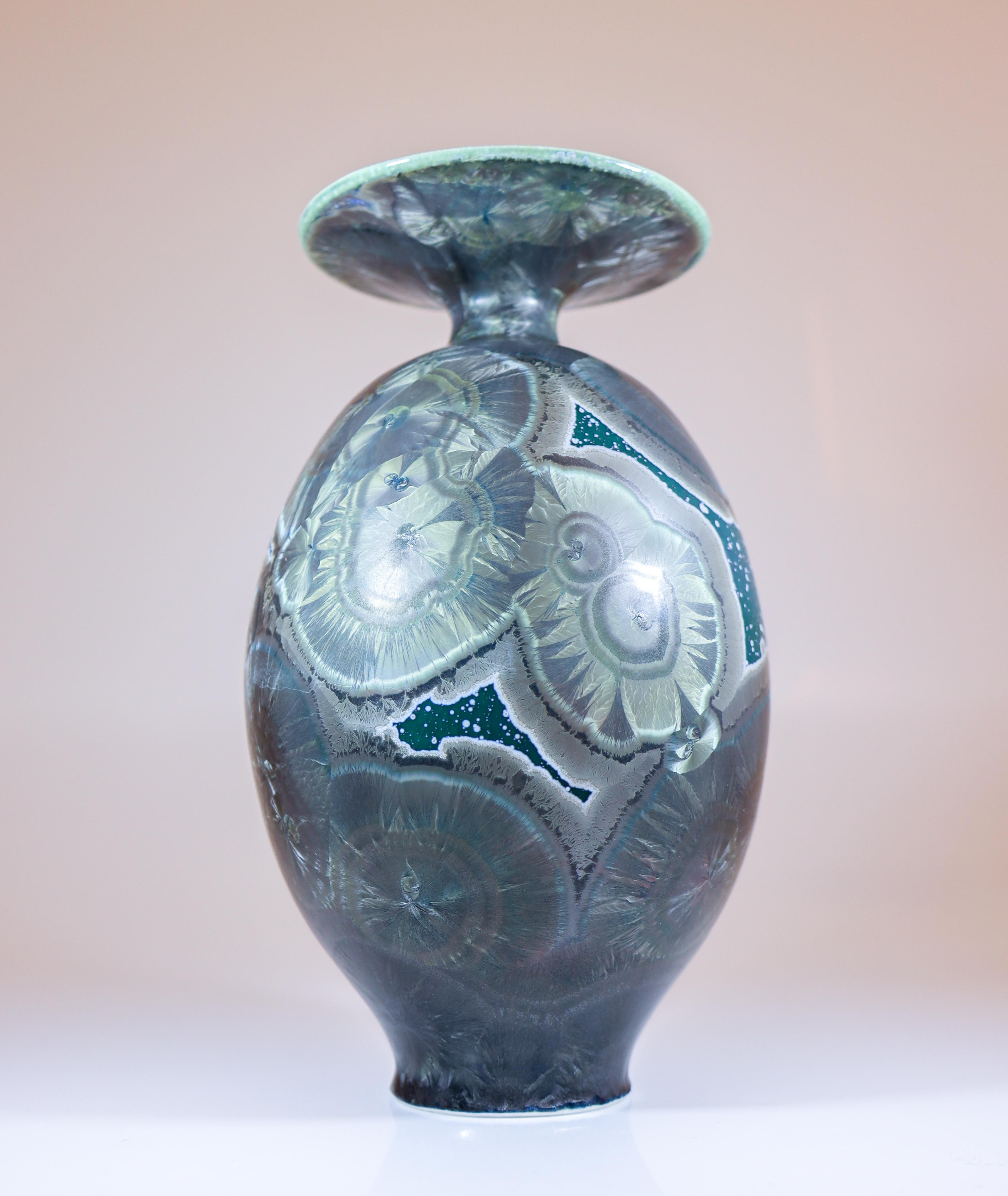 Glazed Isak Isaksson Stunning Green Ceramic Vase Crystalline Glaze Contemporary Artist For Sale