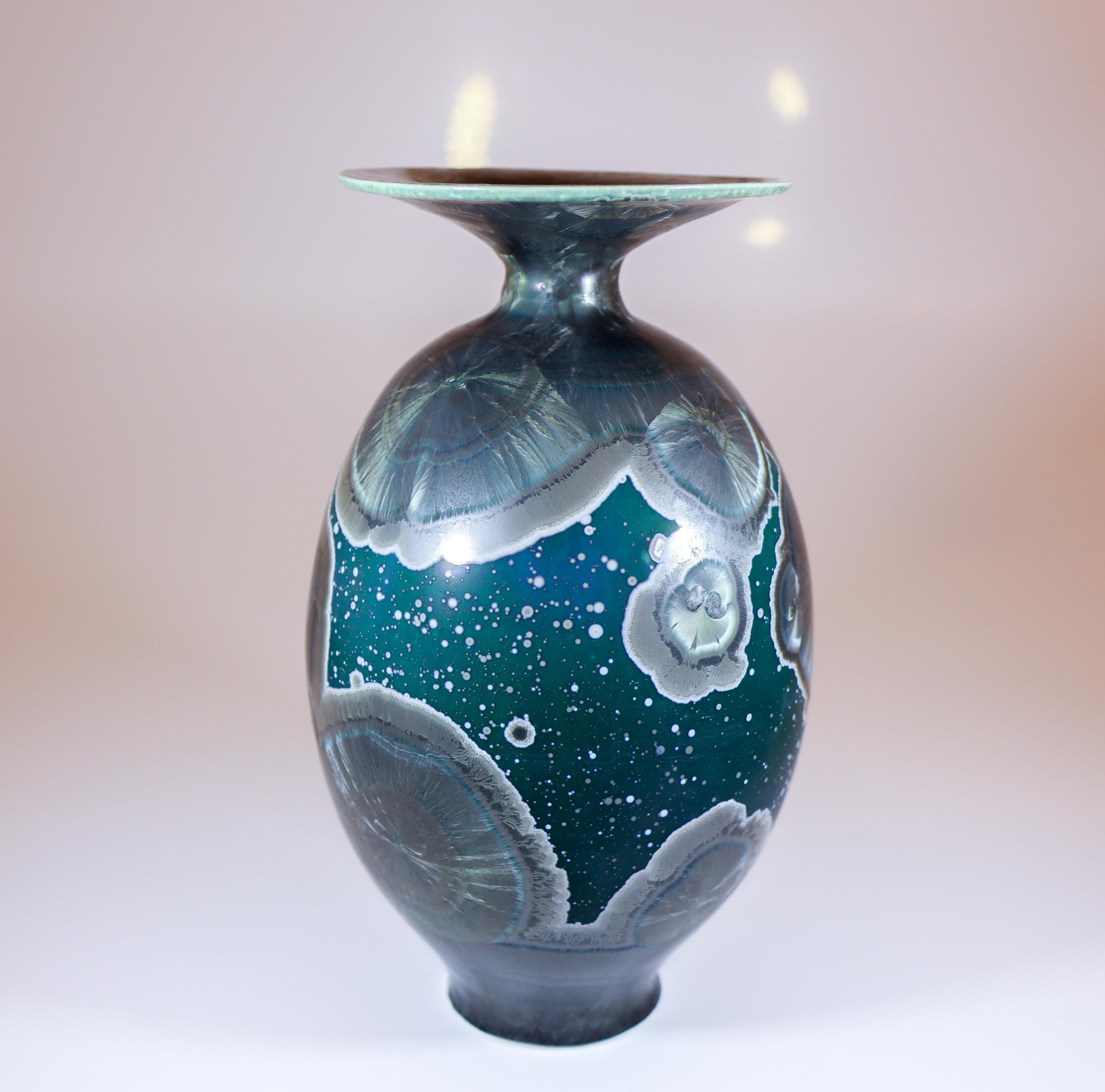 Isak Isaksson Stunning Green Ceramic Vase Crystalline Glaze Contemporary Artist For Sale 1