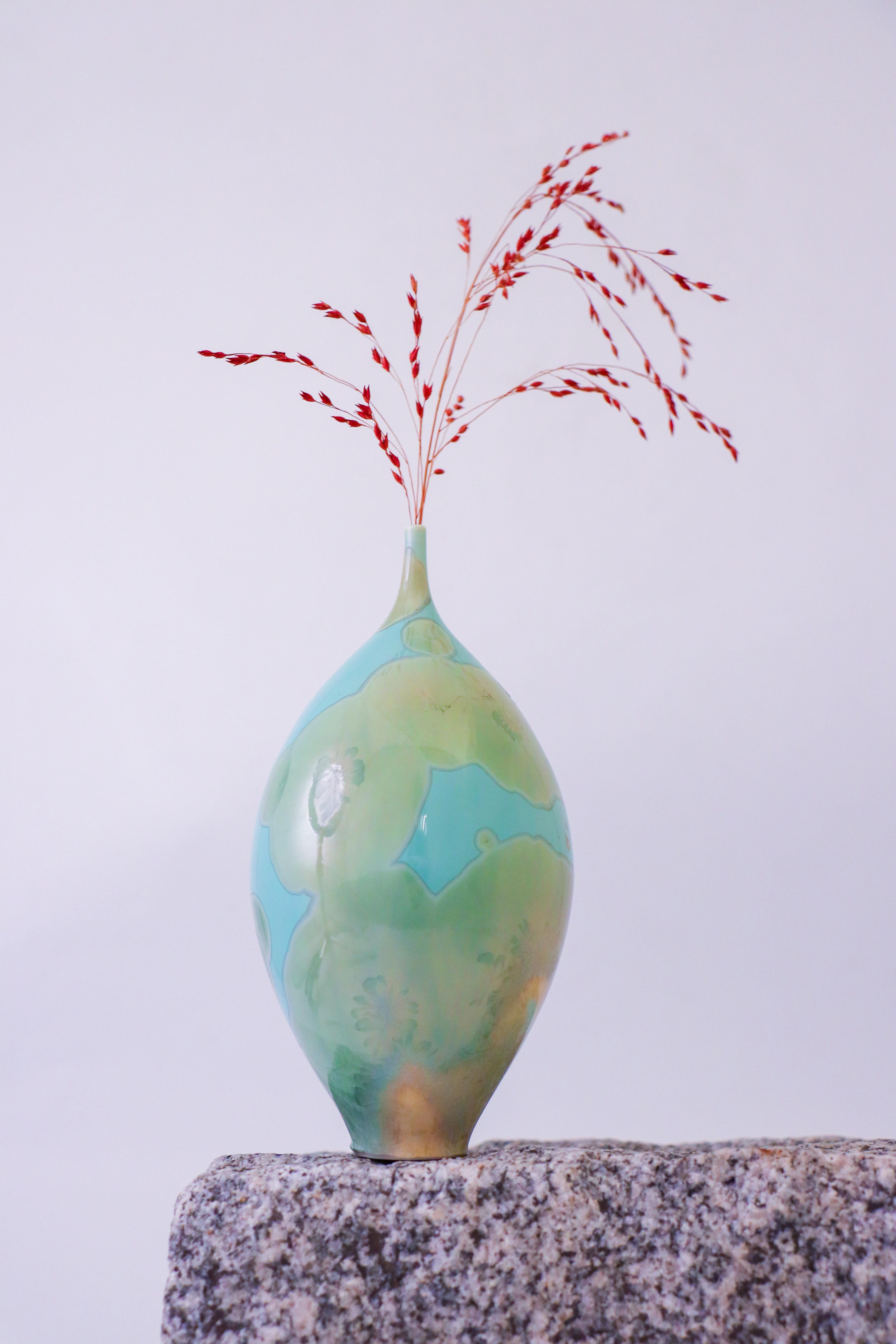 Scandinavian Modern Isak Isaksson Turquoise Ceramic Vase Crystalline Glaze - Contemporary Artist For Sale