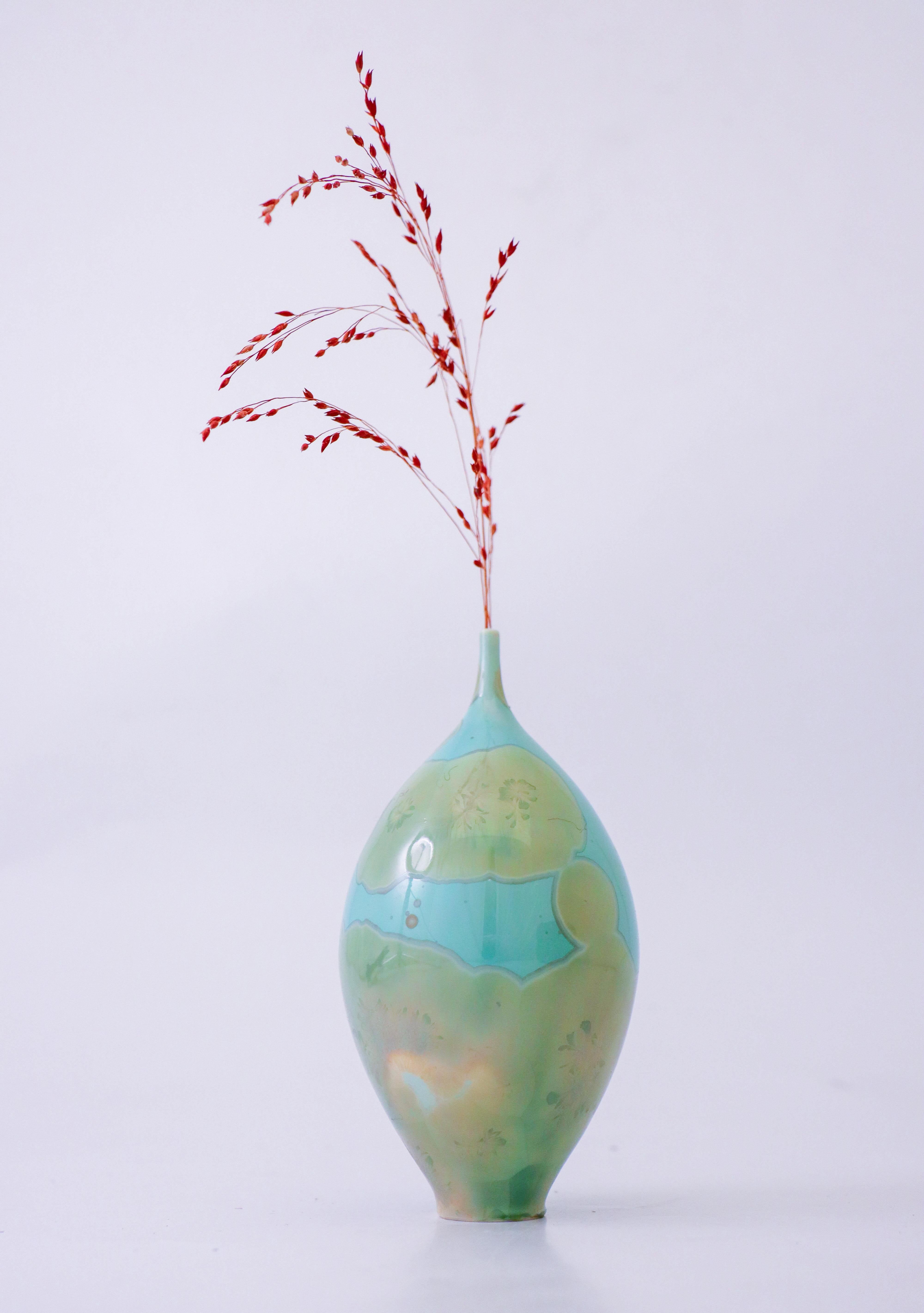 Swedish Isak Isaksson Turquoise Ceramic Vase Crystalline Glaze - Contemporary Artist For Sale