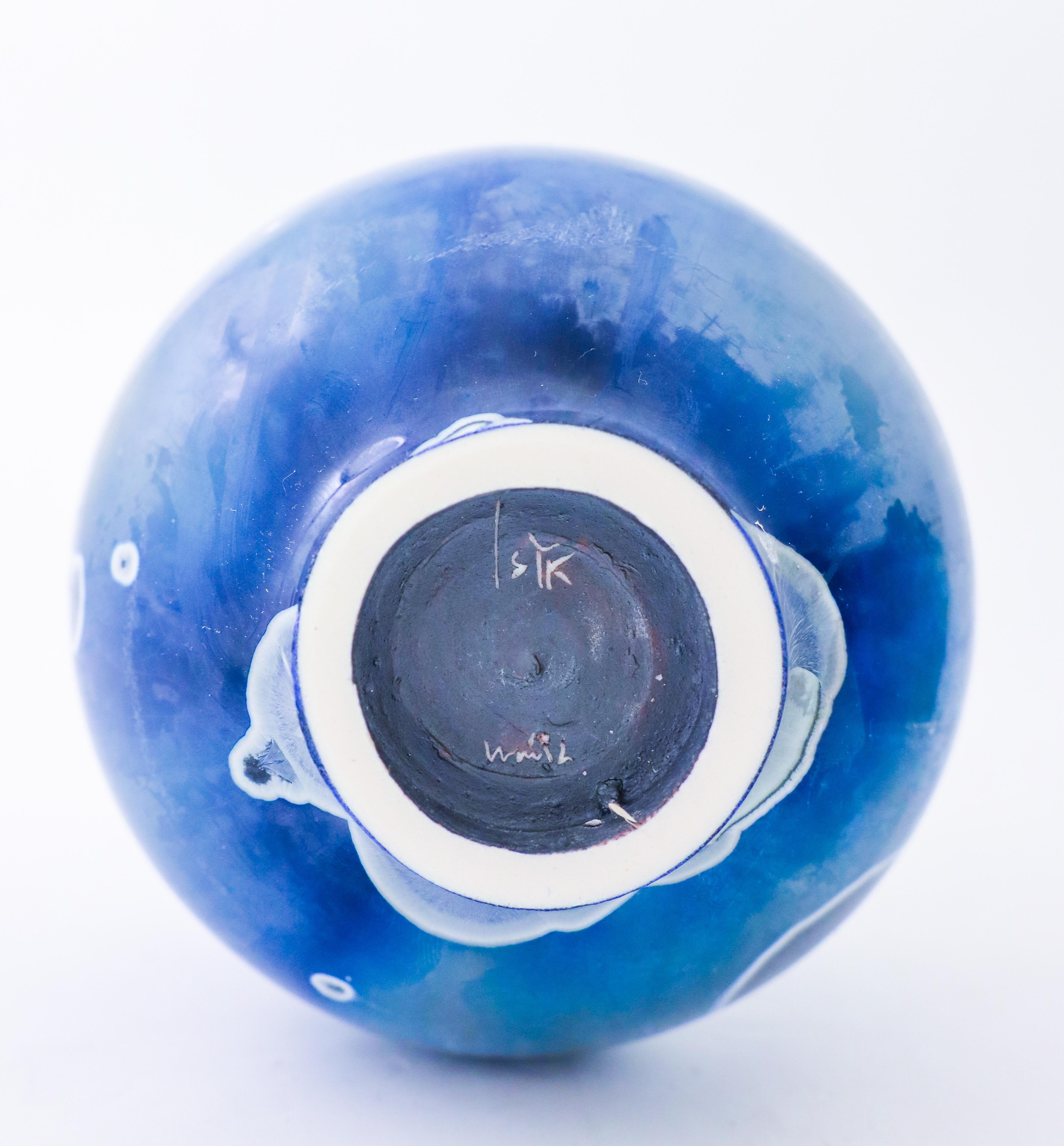 Glazed Isak Isaksson White & Blue Ceramic Vase Crystalline Glaze Contemporary Artist For Sale
