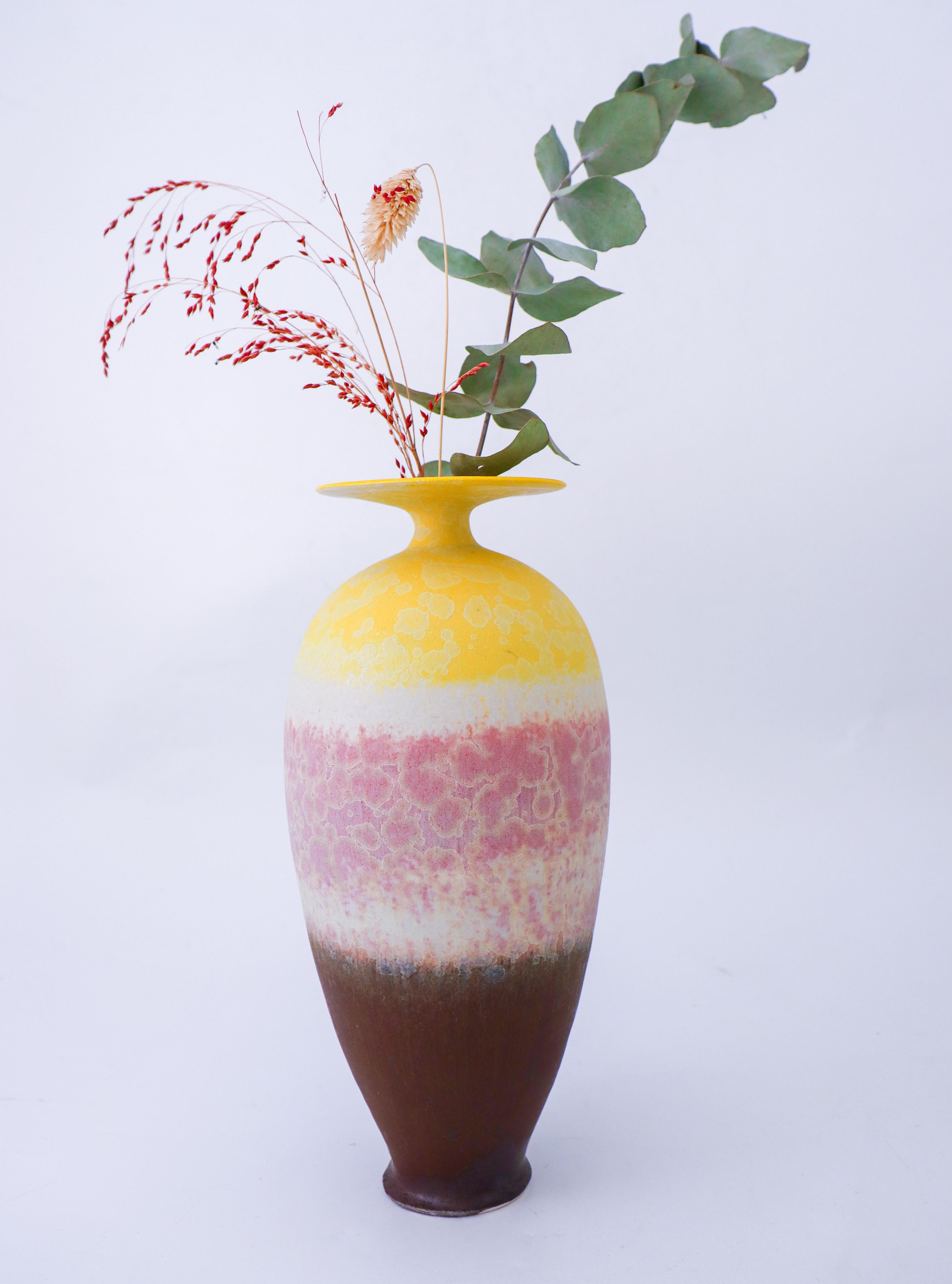 Scandinavian Modern Isak Isaksson Yellow & Pink Ceramic Vase Crystalline Glaze - Contemporary Artist For Sale