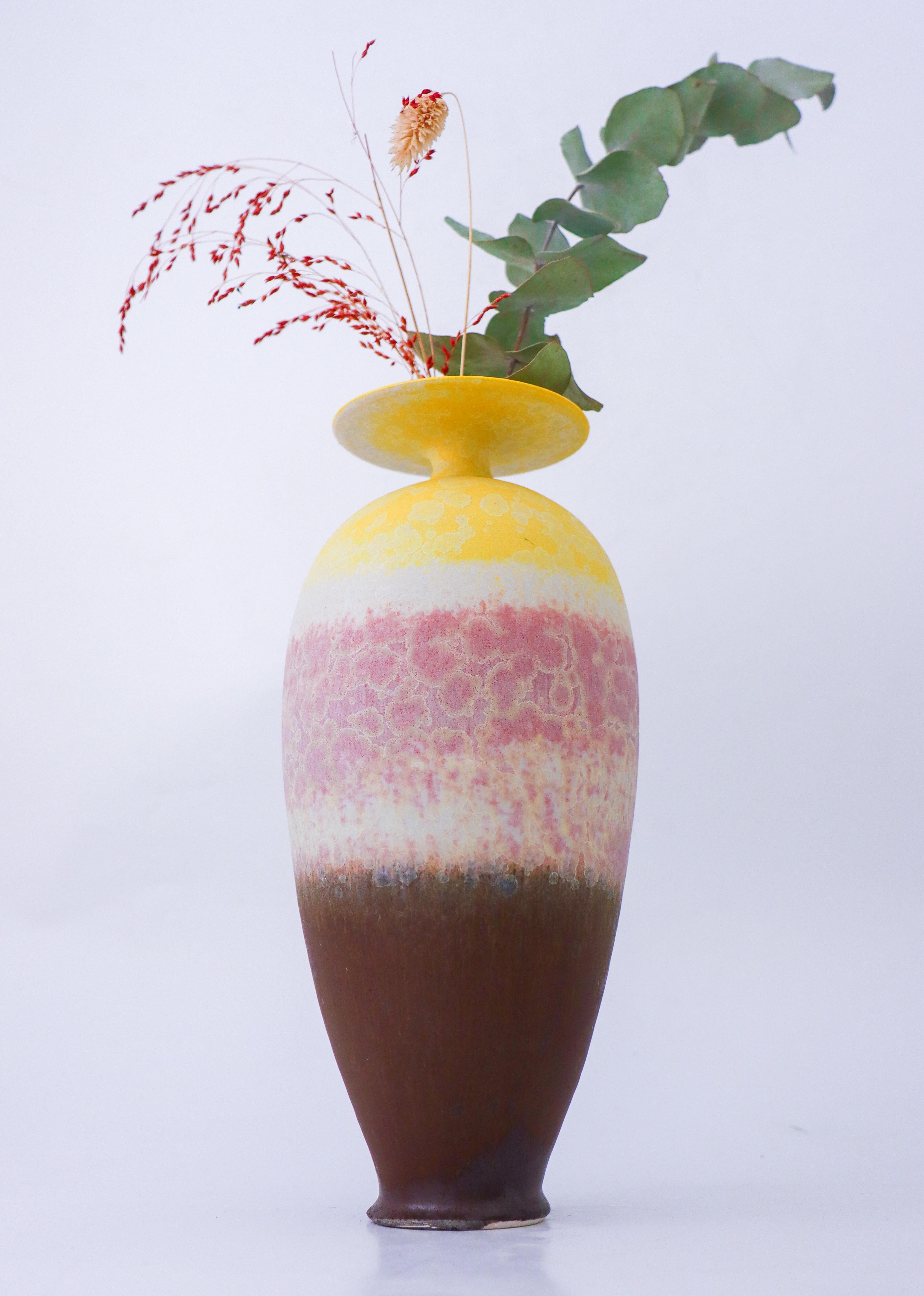 Swedish Isak Isaksson Yellow & Pink Ceramic Vase Crystalline Glaze - Contemporary Artist For Sale