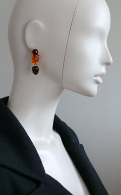 Isaky Paris Vintage Orange & Brown Resin Cabochons Dangling Earrings
