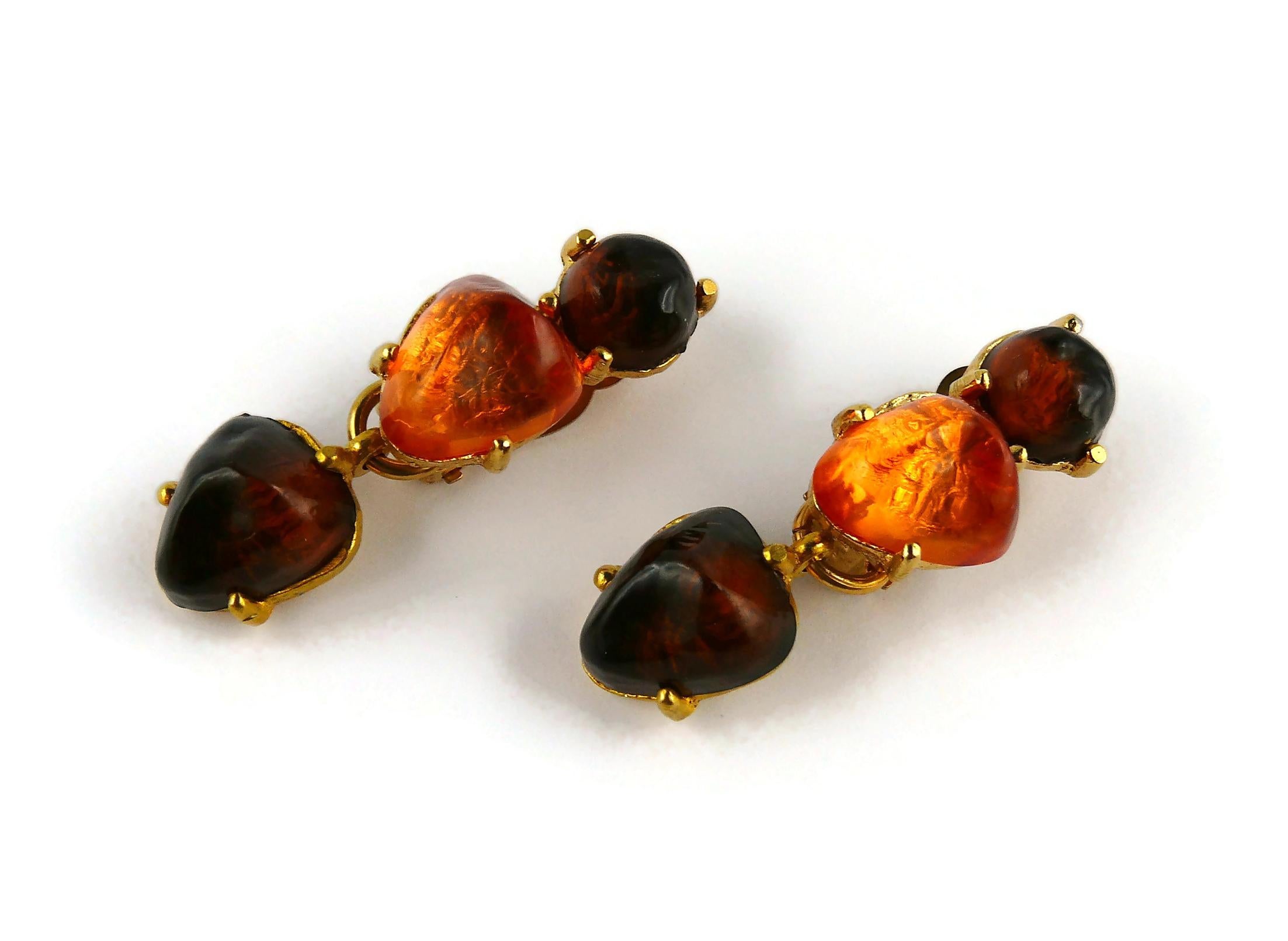 Isaky Paris Vintage Orange & Brown Resin Cabochons Dangling Earrings In Excellent Condition For Sale In Nice, FR