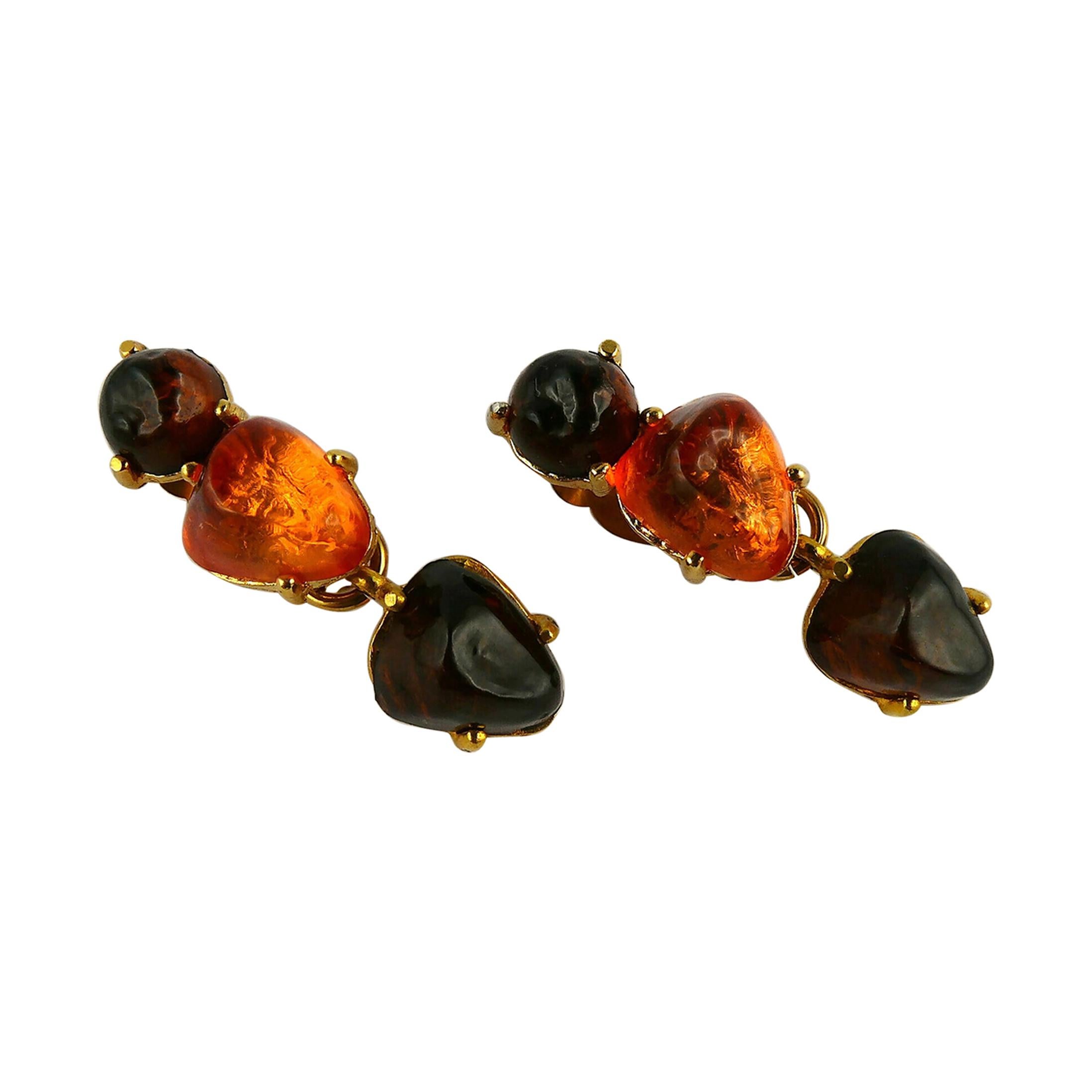 Isaky Paris Vintage Orange & Brown Resin Cabochons Dangling Earrings