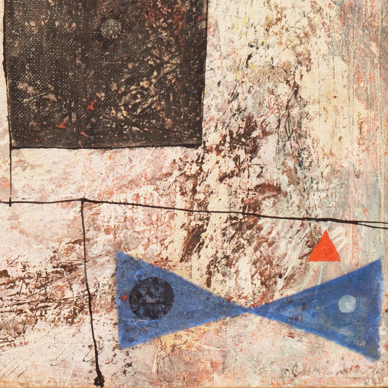 Signed lower right, 'Isami Adachi' (American, 20th century) and painted circa 1950.  

An elegant, mid-century geometric abstract comprising complex biomorphic elements in textured, pastel shades of red, blue, green bordered within linear fields and