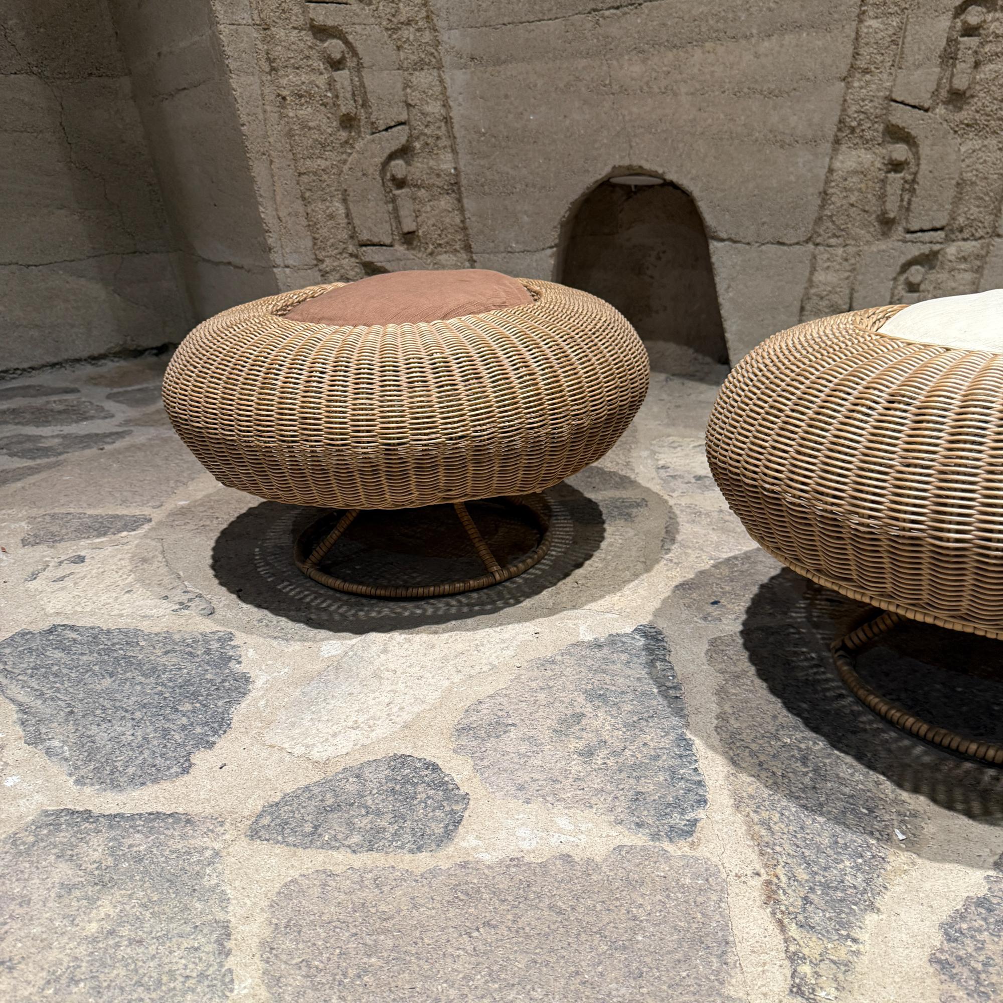 Isamu Kenmochi for Yamakawa Rattan Pair Ottomans Mid Century Japan In Distressed Condition For Sale In Chula Vista, CA