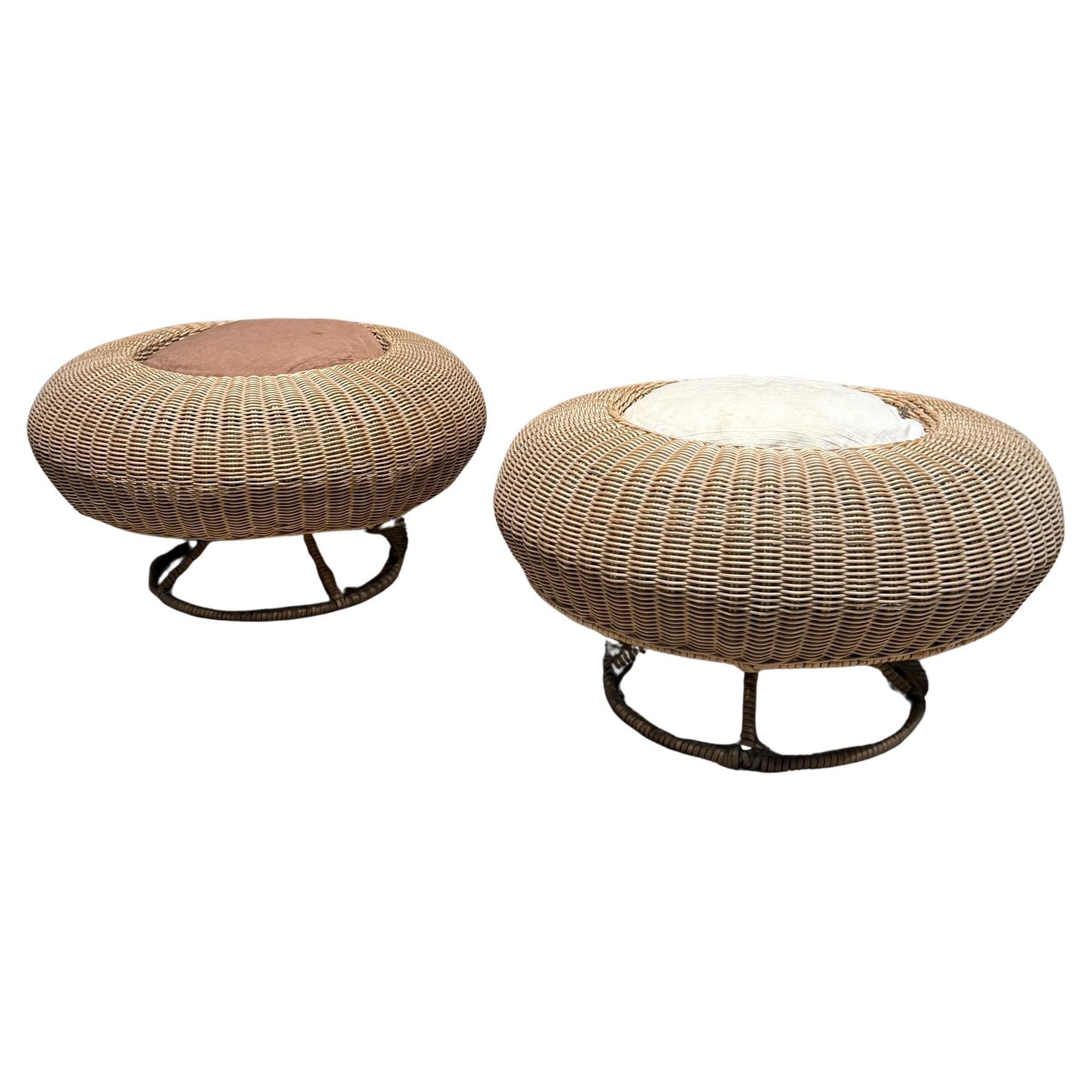 Isamu Kenmochi for Yamakawa Rattan Pair Ottomans Mid Century Japan For Sale
