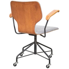 Isamu Kenmochi Laminated Wood and Grey Fabric Swivel Office Chair, circa 1950