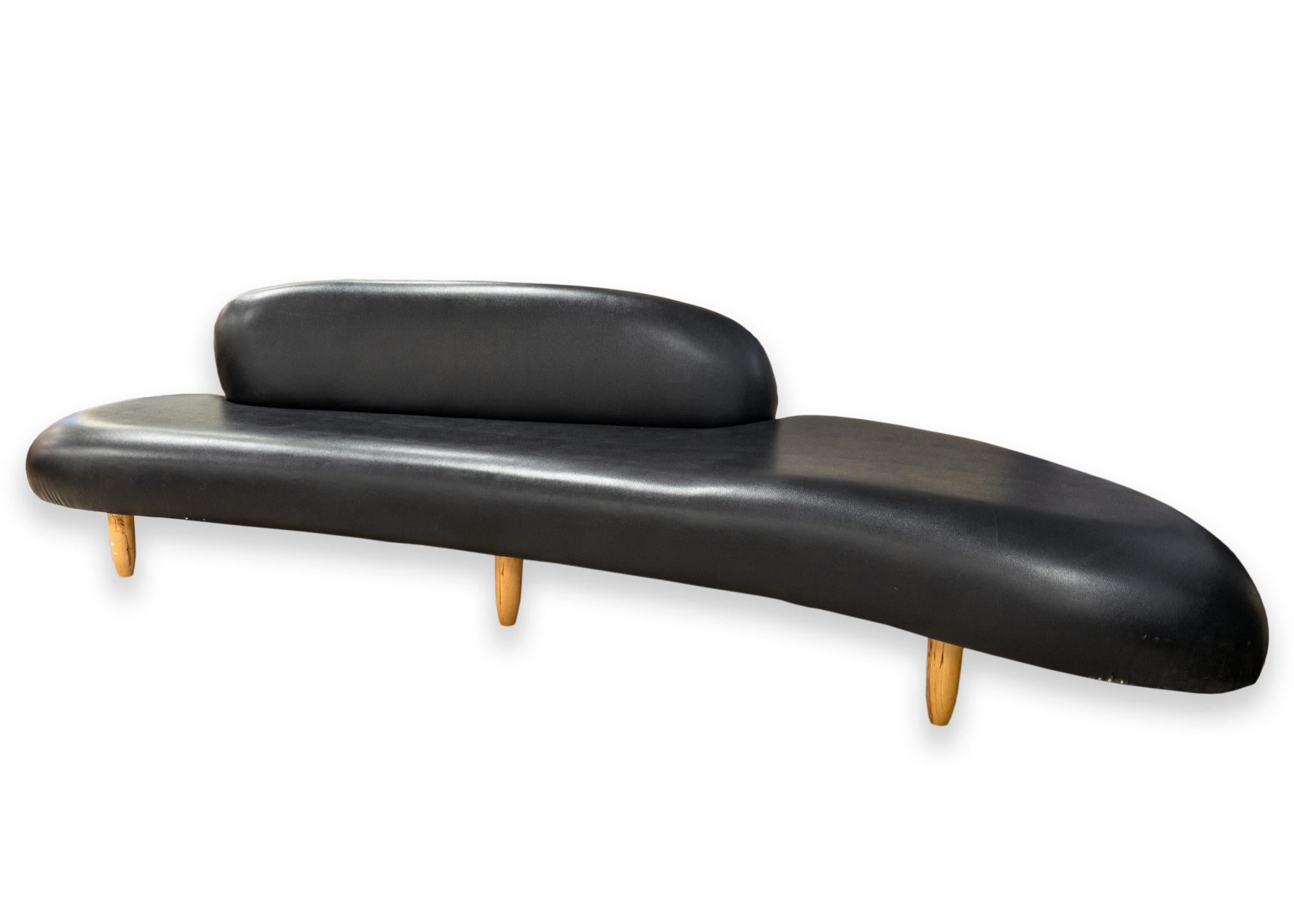 20th Century Isamu Noguchi Style Freeform Black Leather Sofa and Ottoman Attributed to Vitra For Sale