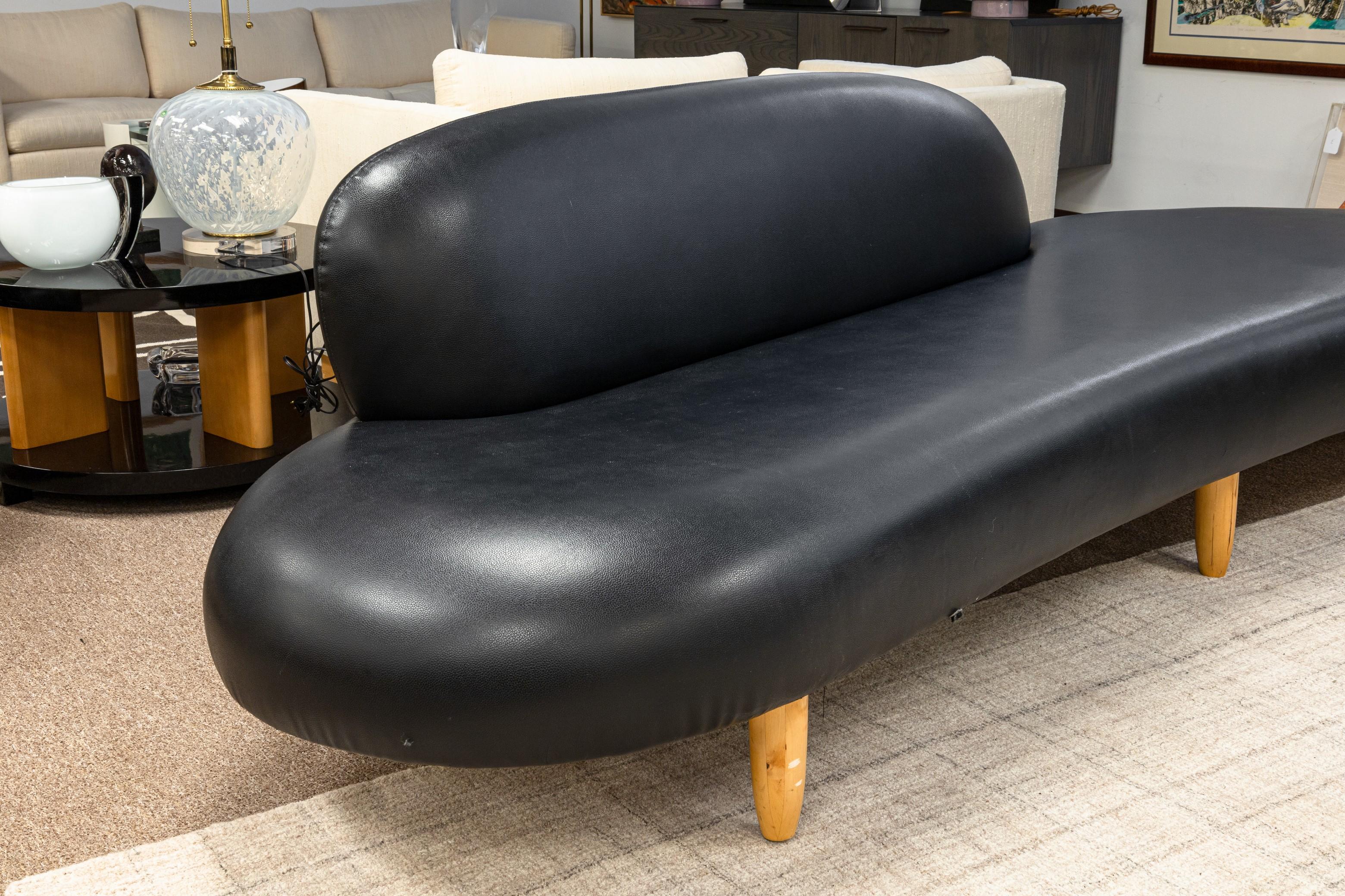 Isamu Noguchi Style Freeform Black Leather Sofa and Ottoman Attributed to Vitra For Sale 1