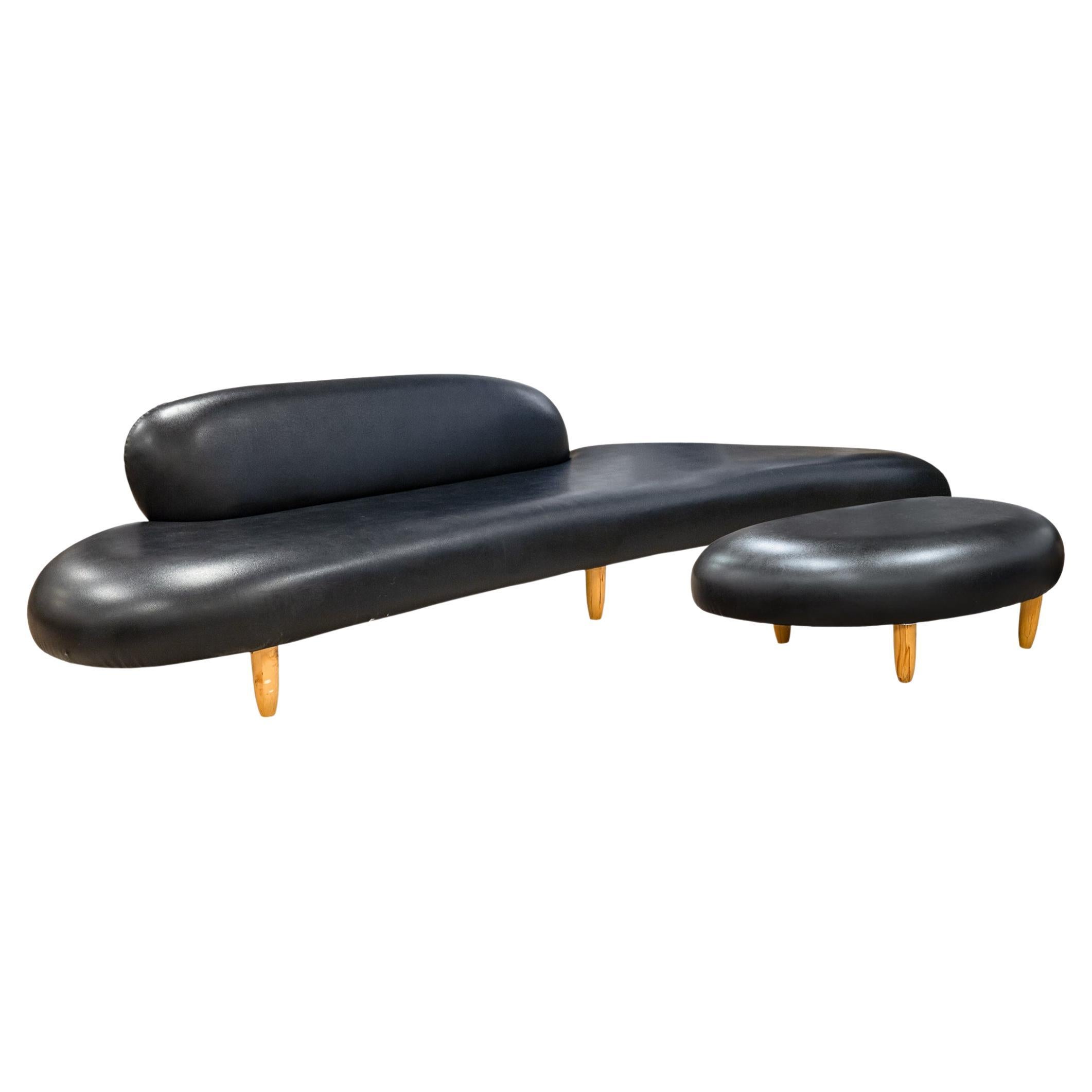 Isamu Noguchi Style Freeform Black Leather Sofa and Ottoman Attributed to Vitra For Sale