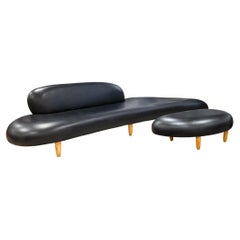 Retro Isamu Noguchi Style Freeform Black Leather Sofa and Ottoman Attributed to Vitra