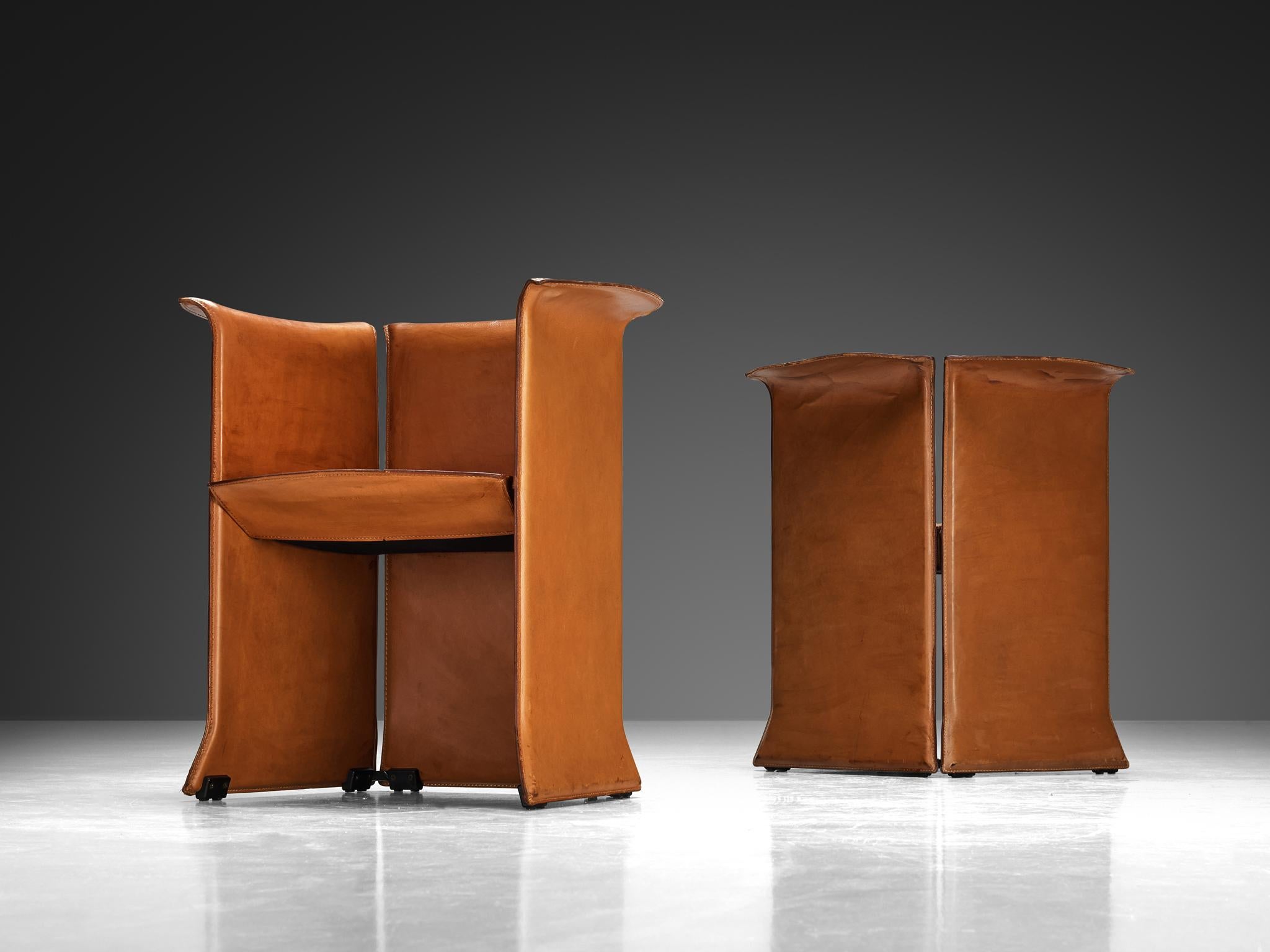 Post-Modern Isao Hosoe for Cassina 'Artù' Armchairs in Cognac Brown Leather  For Sale