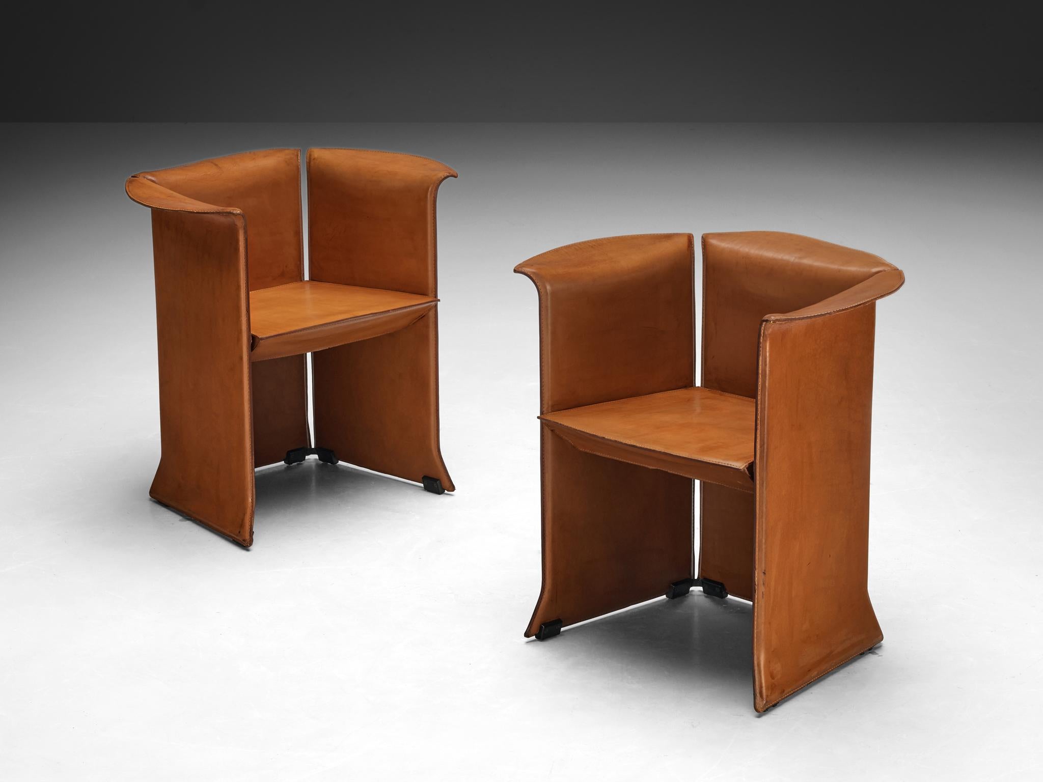Isao Hosoe for Cassina 'Artù' Armchairs in Cognac Brown Leather  For Sale 3