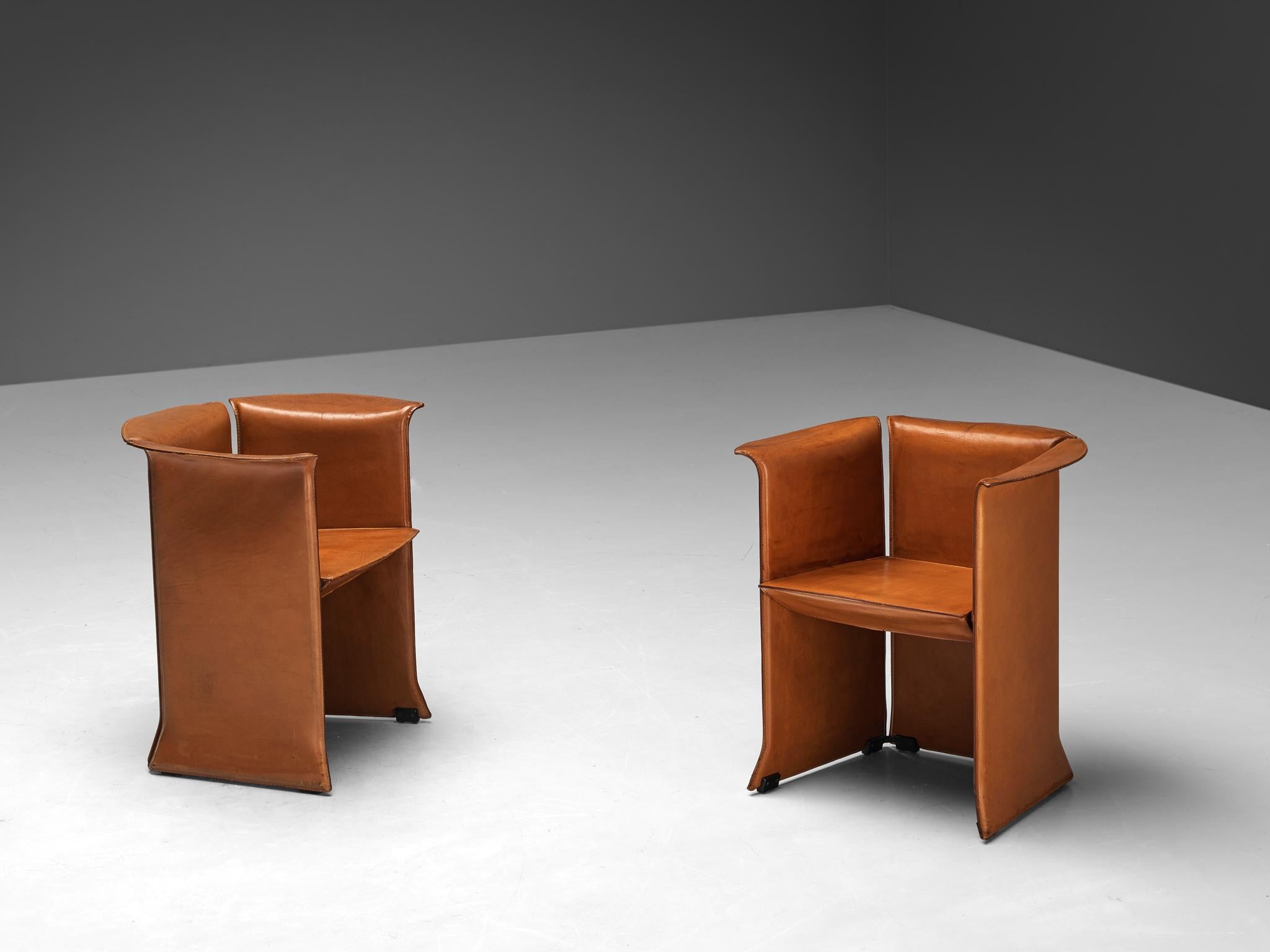 Isao Hosoe for Cassina 'Artù' Armchairs in Cognac Brown Leather For Sale 3