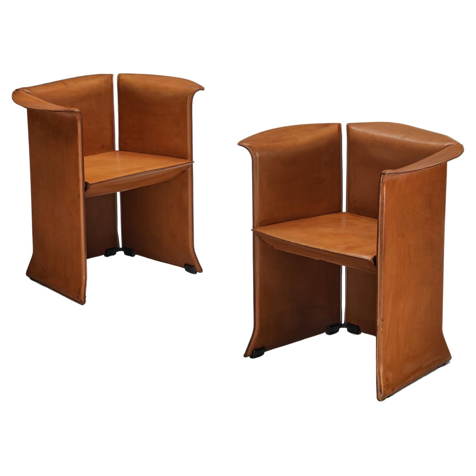 Isao Hosoe for Cassina 'Artù' Armchairs in Cognac Brown Leather For Sale