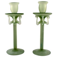 Isfahan Glass, Two Candlesticks in Green Frosted Art Glass, Late 20th Century