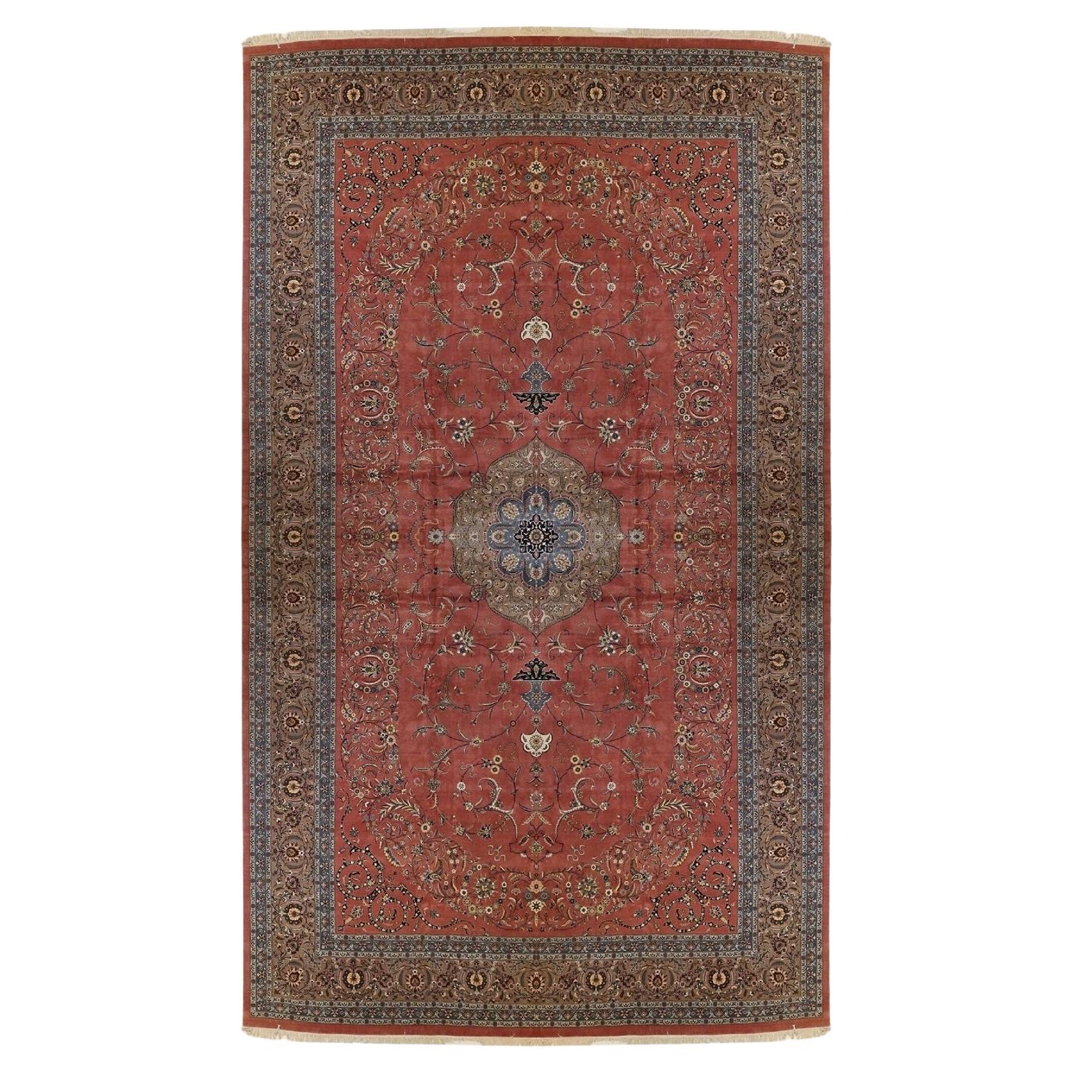 Isfahan Hand-Knotted New Zealand Wool Rose and Taupe Palace Size Medallion Rug For Sale