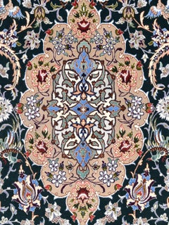 Isfahan Persian Carpet, Wool and Silk in Blue, Cream and Red, 5' x 7'
