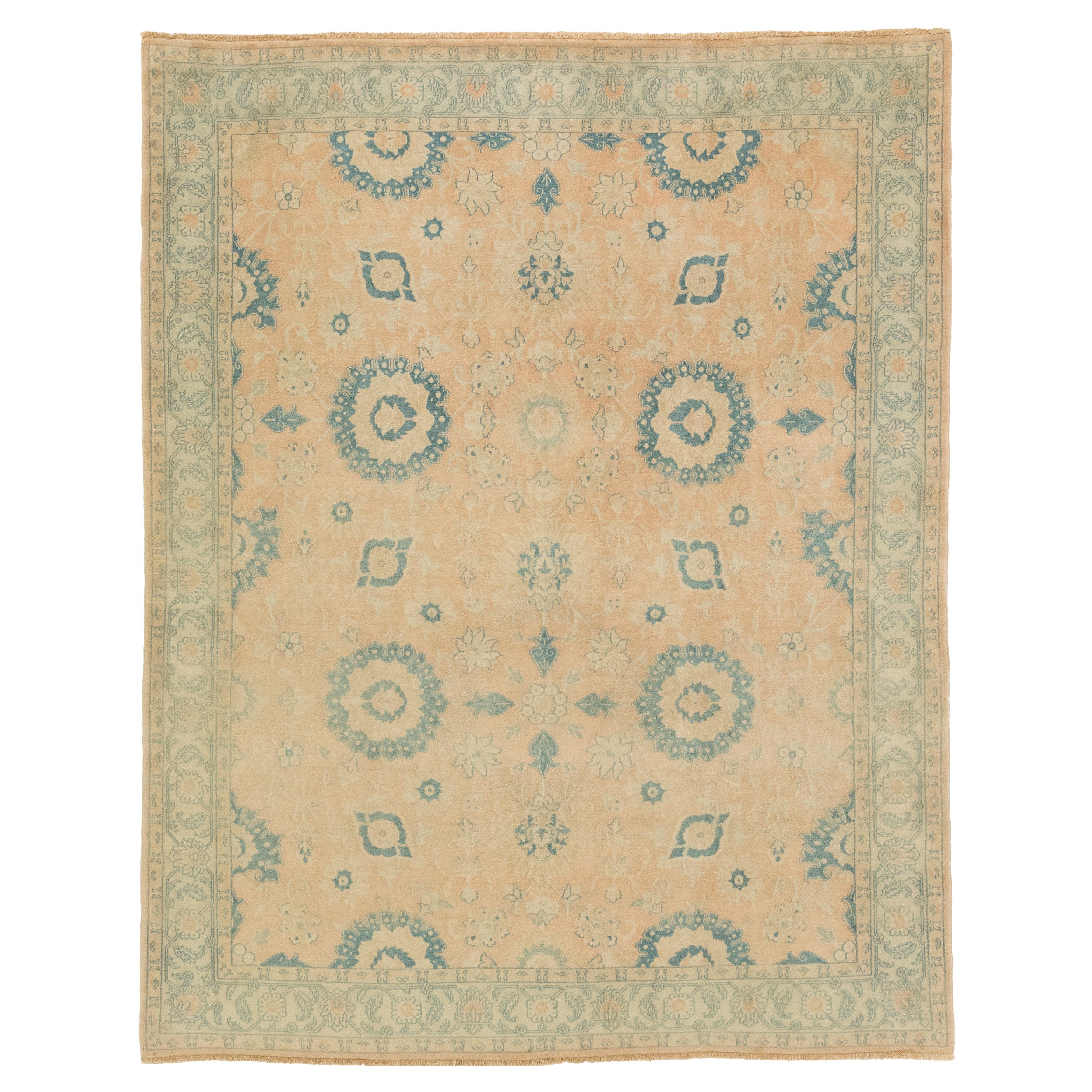 Isfahan Rug, Hand Knotted, 8.2 × 6.5 ft – Peach, Light Blue and Ivory