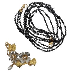 Ishikawa Nobuko Pt K18 Diamond Hematite Pearl Floral Pendant Necklace