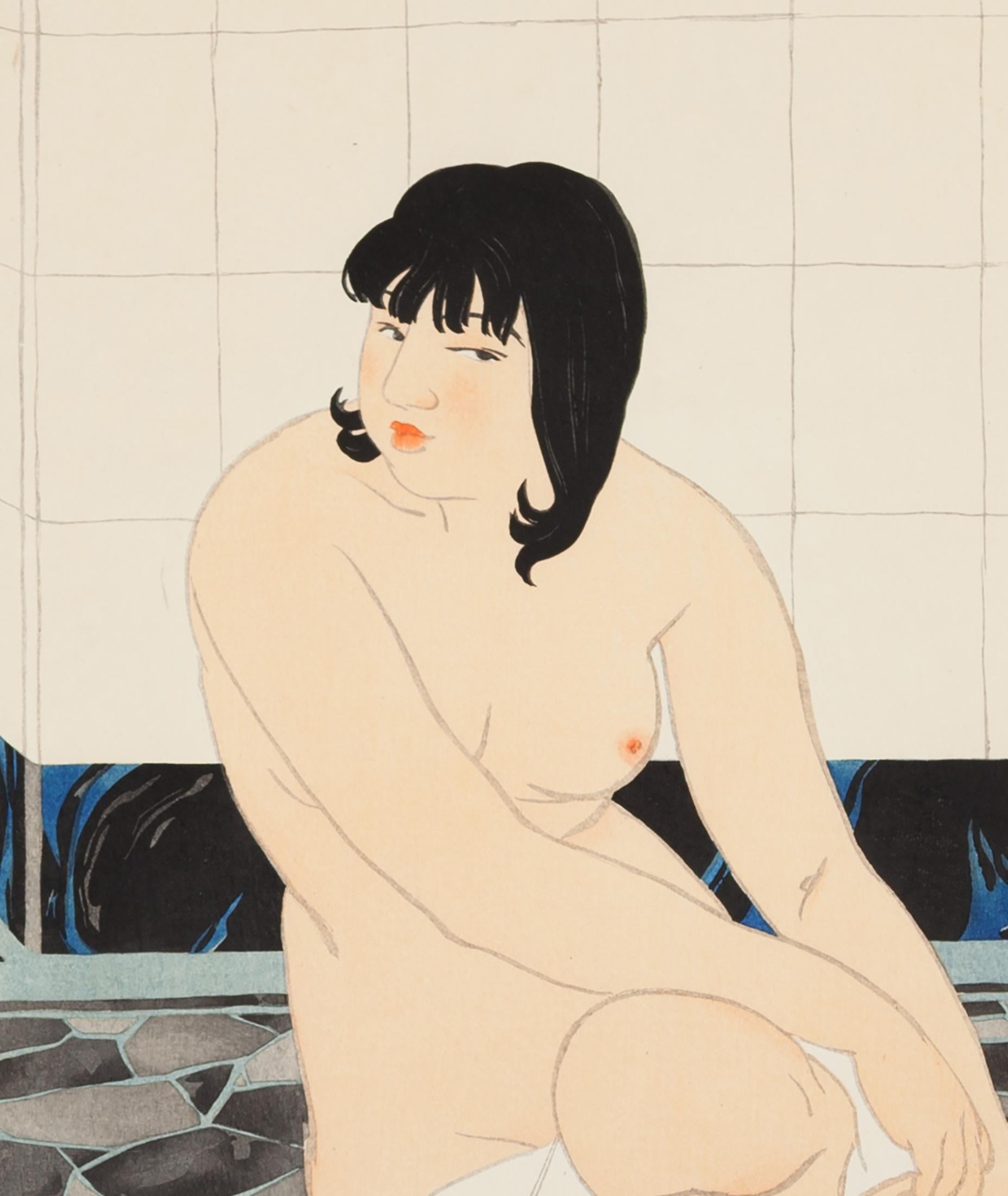 Toraji Ishikawa, Female Nude, After a Bath, Original Japanese Woodblock Print - Beige Portrait Print by Ishikawa Toraji