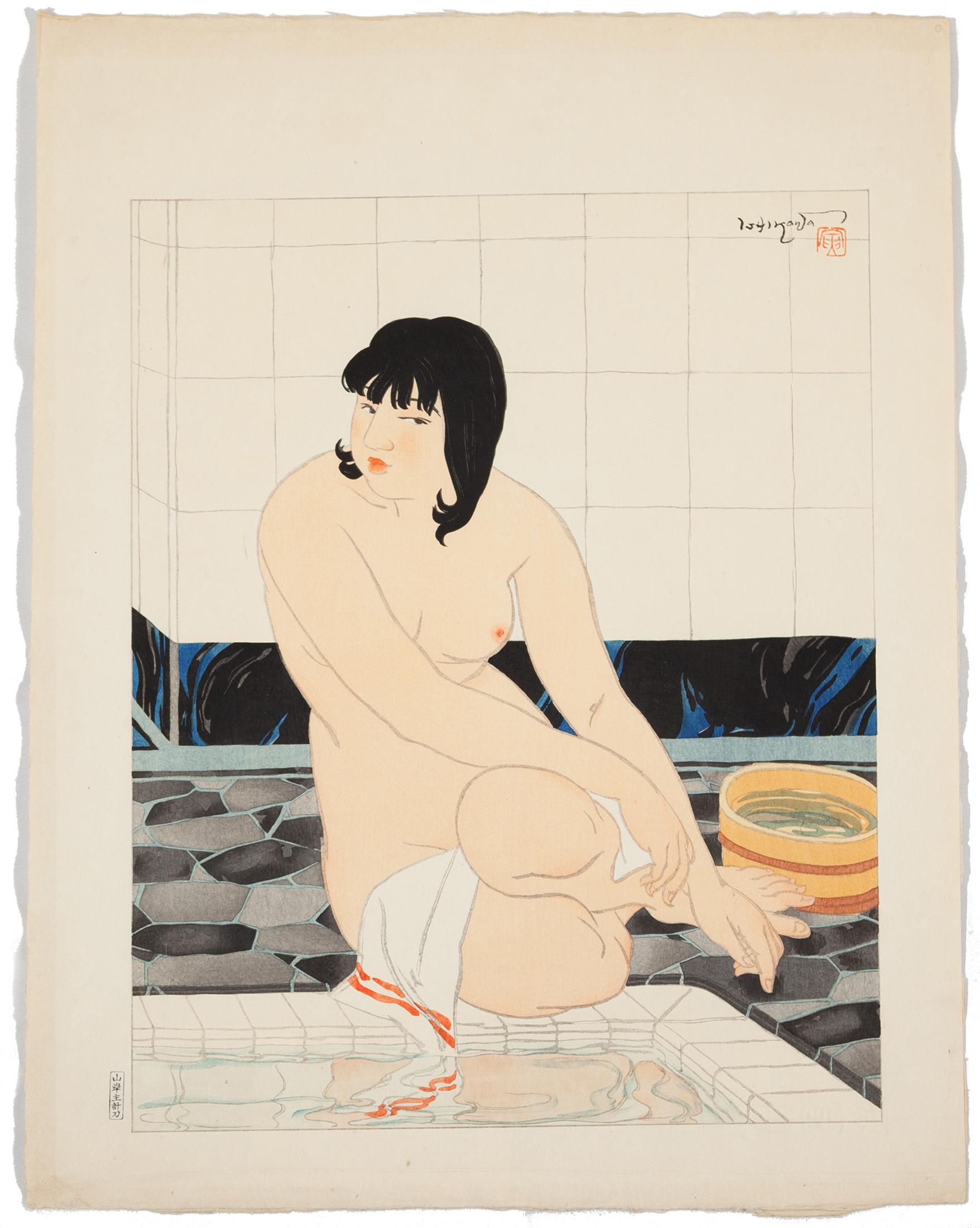 Ishikawa Toraji Portrait Print - Toraji Ishikawa, Female Nude, After a Bath, Original Japanese Woodblock Print