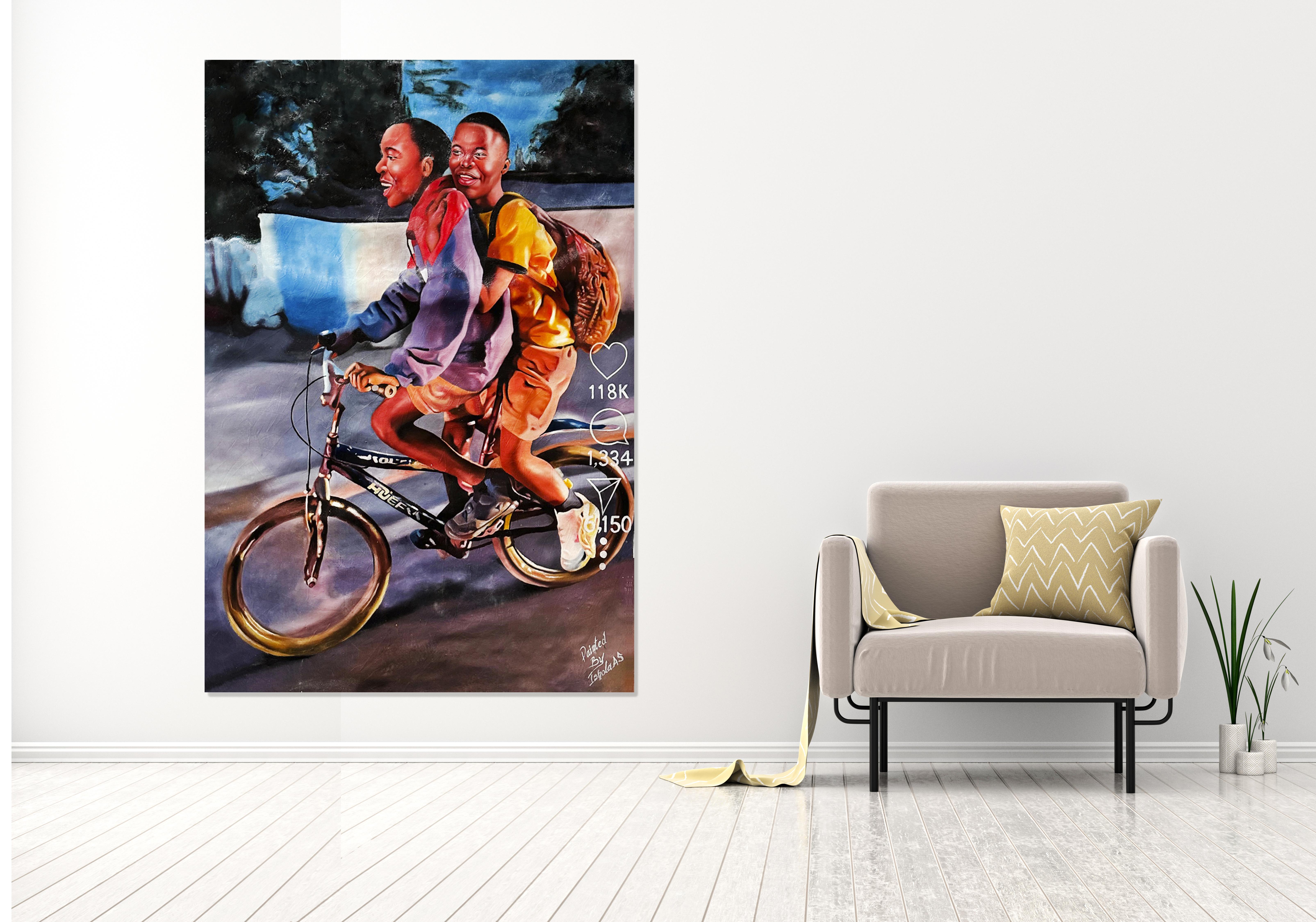Forever Young - Contemporary Realistic Kids On Bicycle Painting - Figurative Art For Sale 5