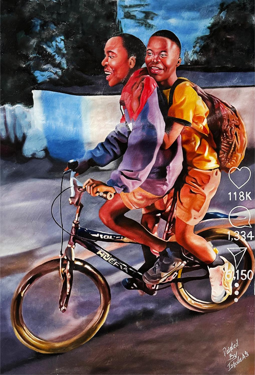 Ishola Shola Figurative Painting - Forever Young - Contemporary Realistic Kids On Bicycle Painting - Figurative Art