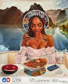 Pasta Paradise - Peinture réaliste contemporaine de femme - Art figuratif