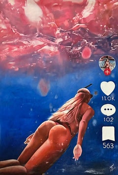 Plongée au coucher du soleil - Peinture contemporaine réaliste de femme nue dans l'océan - Art figuratif