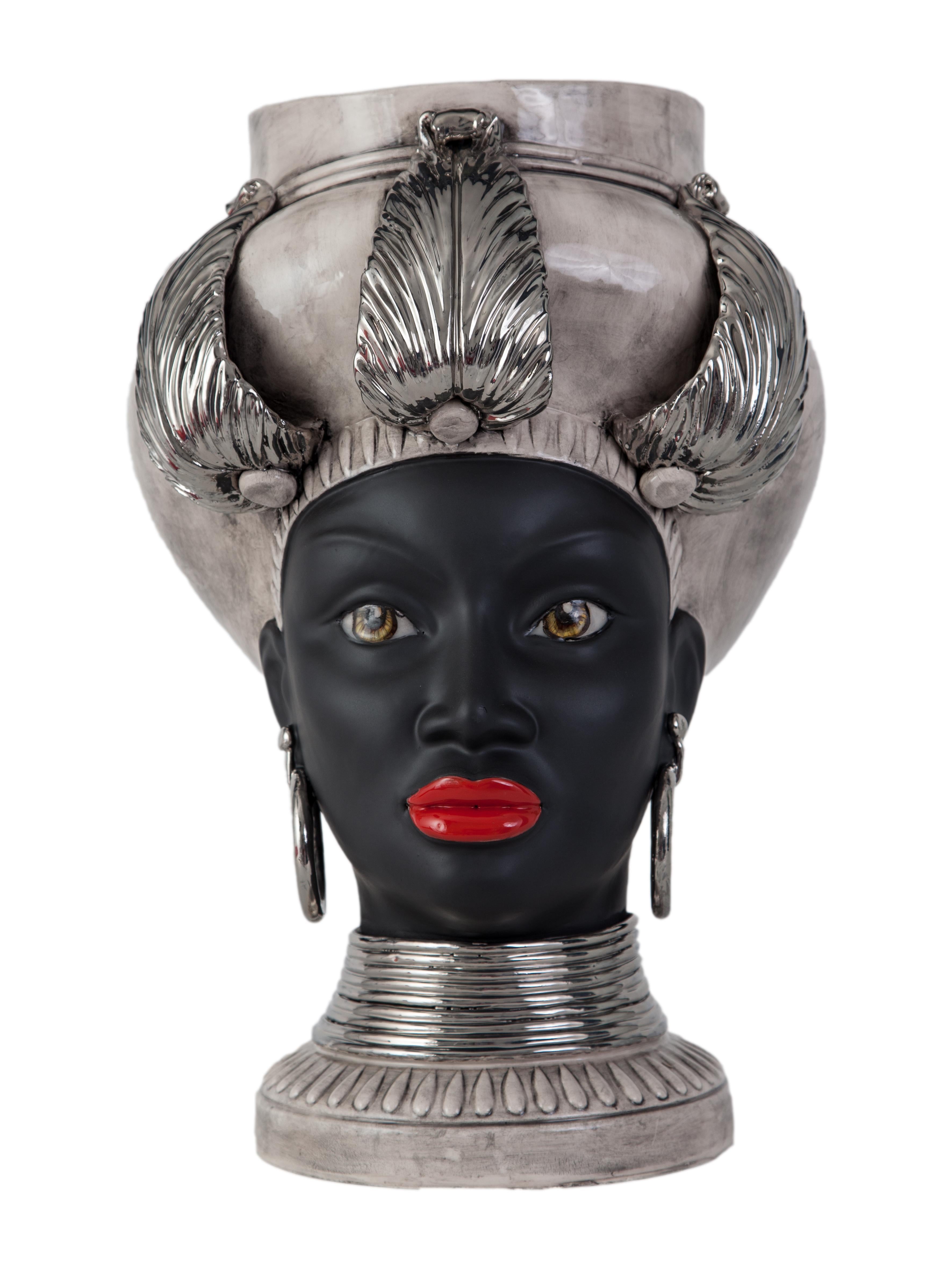 ISIDE I11, Moorish Head, Handmade in Sicily, 2021, Centerpiece, Size L. Vase. For Sale 11
